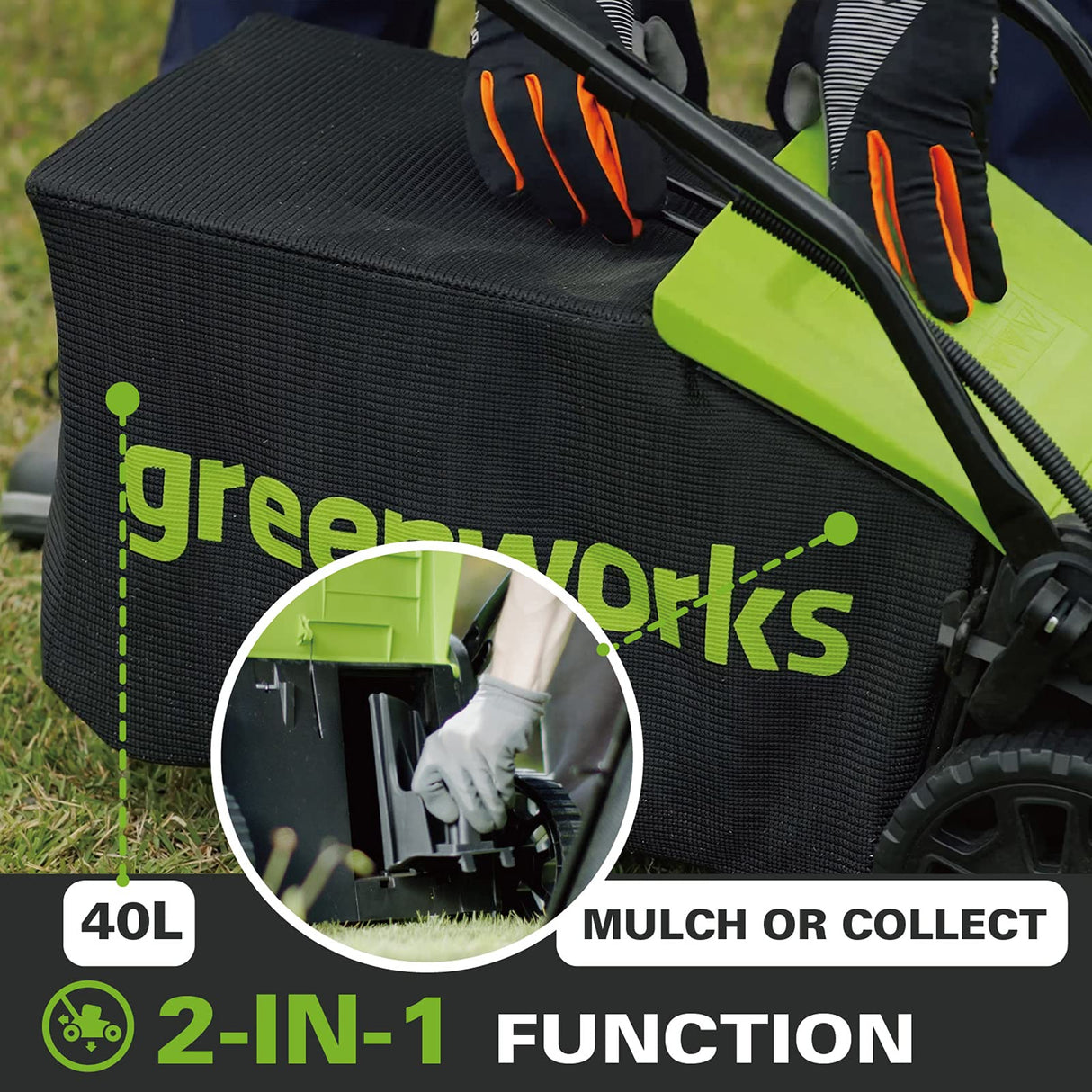 Cortacésped sin cable Greenworks GD24X2LM36K2x (Li-Ion 2x24V 36cm anchura hasta 250m² 40L recogedor de hierba 5 regulaciones altura de corte con batería de 2x2Ah y cargador de doble ranura)