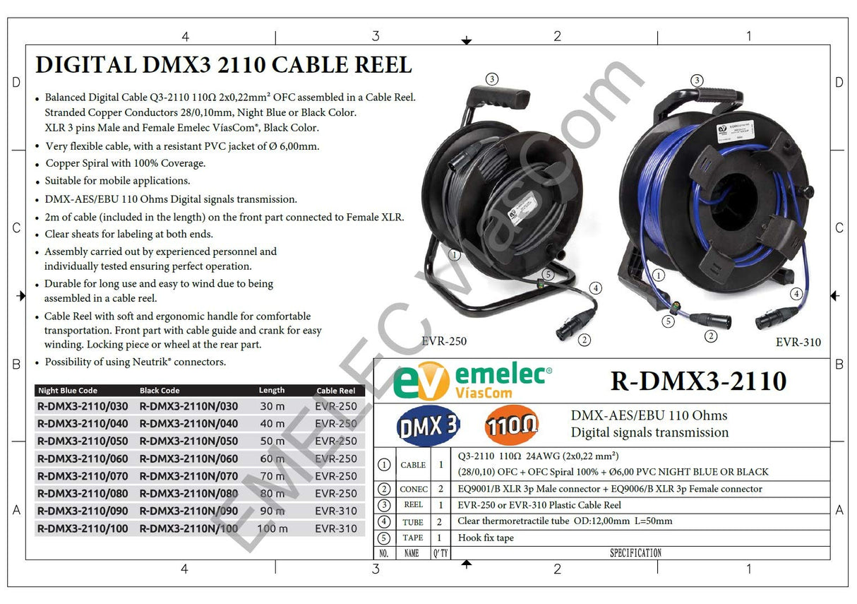 Emelec VíasCom R-DMX3-2110/050 – 50m Cable Balanceado Digital DMX 110Ω OFC 2x0,22mm² montado en Portacables con XLR 3 pines – Color Azul Noche – PVC Muy Flexible
