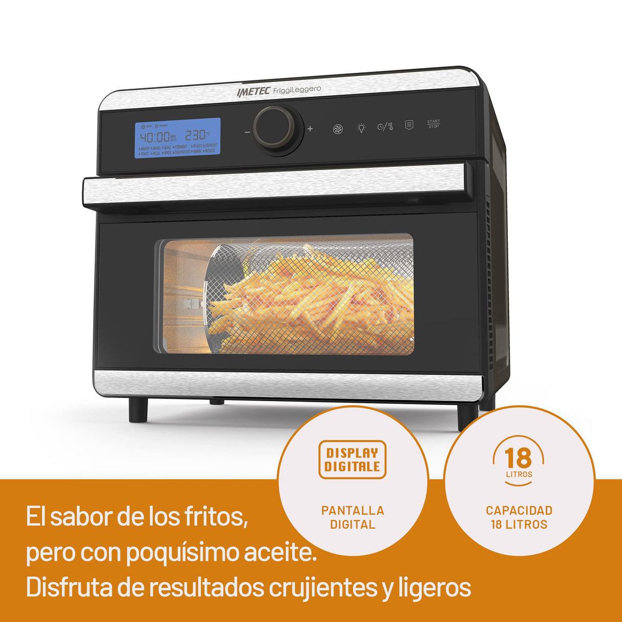 IMETEC FriggiLeggero - Freidora de aire multifunción, sabor con poco aceite, 12 programas, calentamiento rápido, 18 L, 1550 W, controles digitales, cesta, grill, cacerola, recetario