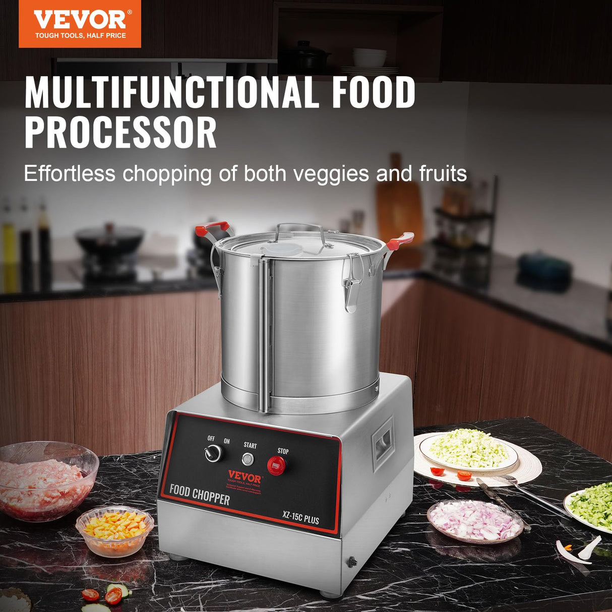 VEVOR Mezclador de Cocina Multifunción 1400 W Capacidad de 15 L Picadora Eléctrica de Acero Inoxidable Procesador de Alimentos para Verduras Frutas Preparación Culinaria Restaurante Hotel Cocina