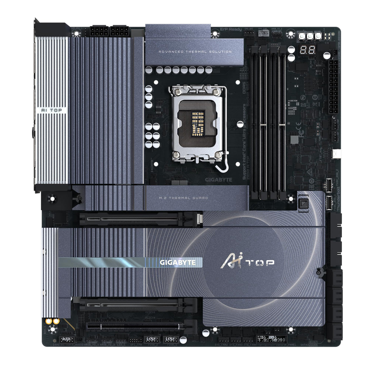 GIGABYTE Z890 AI Top Placa Base - CPUs Intel Core Ultra (Serie 2), VRM de 16+1+2 Fases, hasta 9500 MHz DDR5 (OC), 1xPCIe 5.0 + 3xPCIe 4.0 M.2, Wi-Fi 7, LAN 10 GbE, Thunderbolt 5