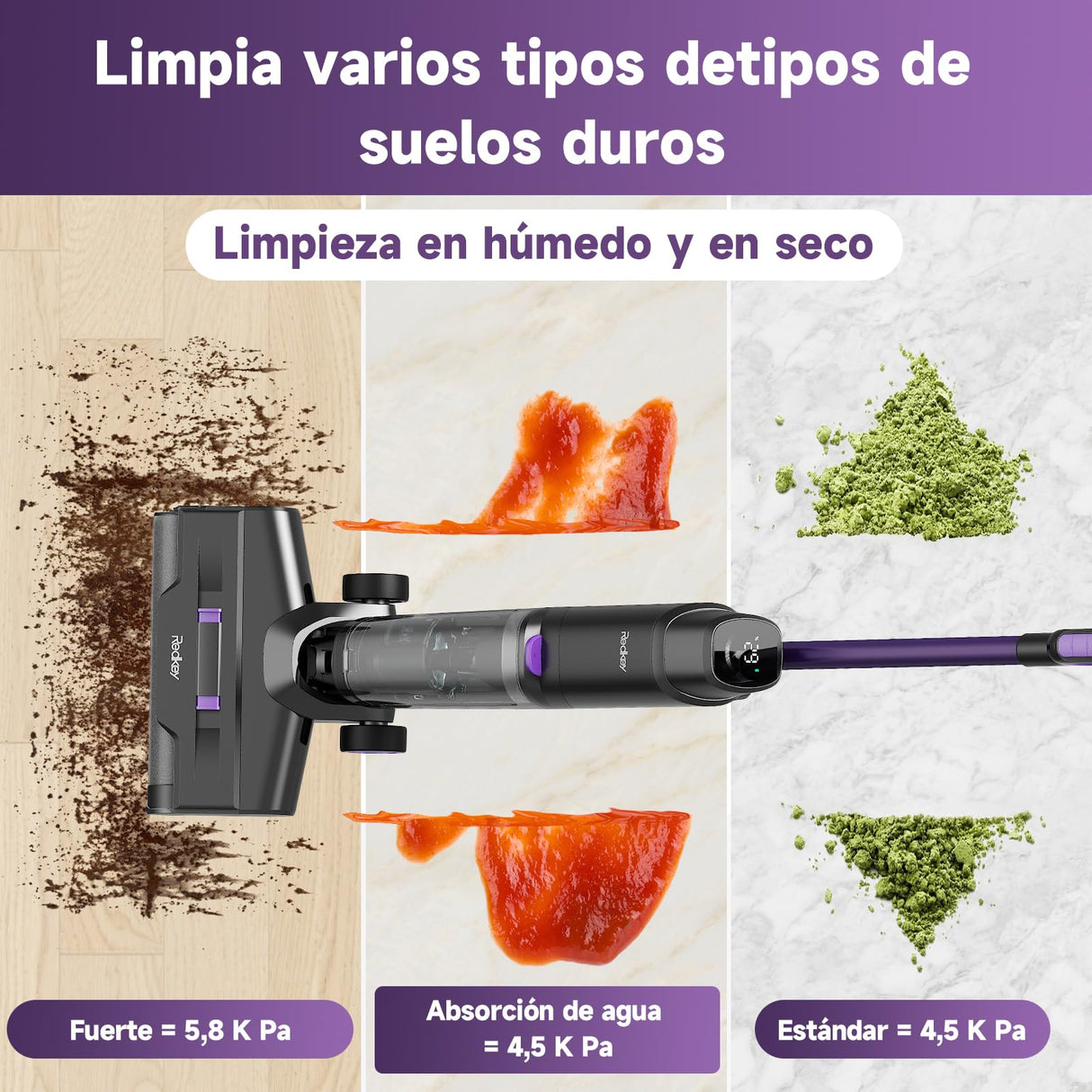 Redkey W15 Aspirador Vertical Fregona Sin Cable Agua, Aspirador Barredor 3 en 1, Potente Absorción de Agua y Polvo, Placa Única de 5mm, 35min Larga Autonomía, Pantalla LED, Limpieza Automática