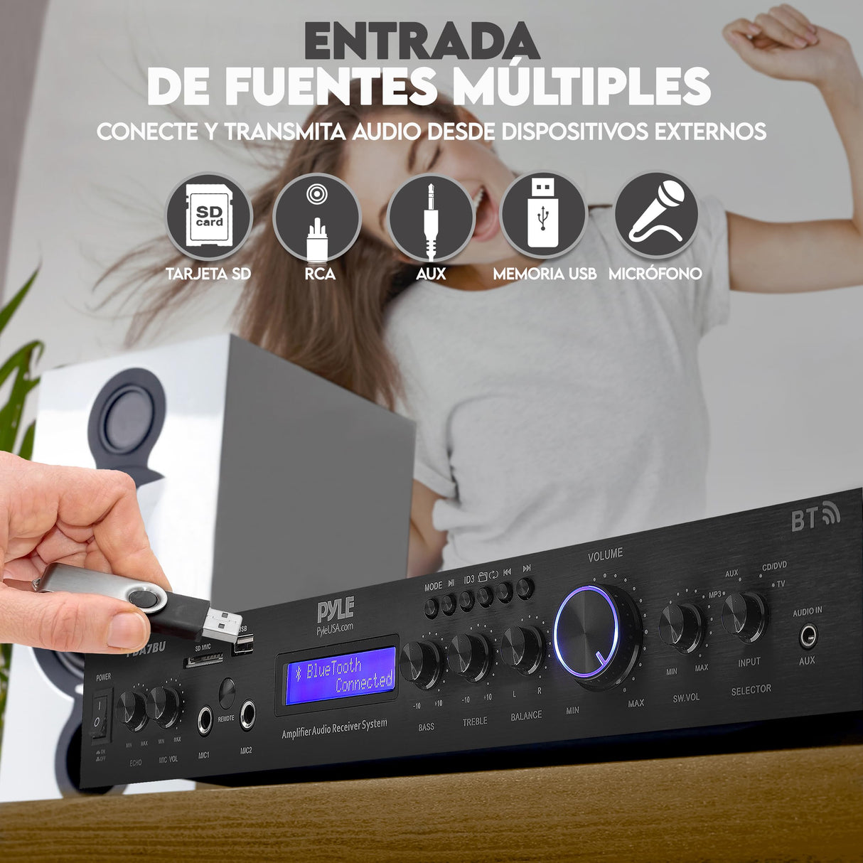 Pyle Amplificador de Audio, Receptor, Montaje en Rack de 5 Canales, Cine en casa, Transmision inalambrica Bluetooth, Radio MP3/USB/SD/AUX/FM, 200V, Pantalla LCD Digital ID3