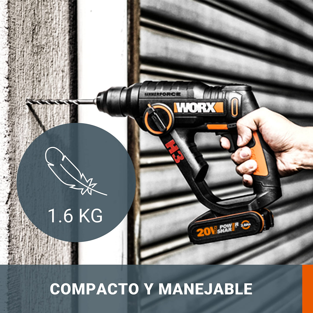 WORX H3 Martillo perforador sds plus 20V Máx. | WX390.1 | PowerShare | Incluye 2 baterías 2Ah, cargador y maletín | 1,2J | Velocidad variable | Ligero y compacto | Válido para mampostería y hormigón