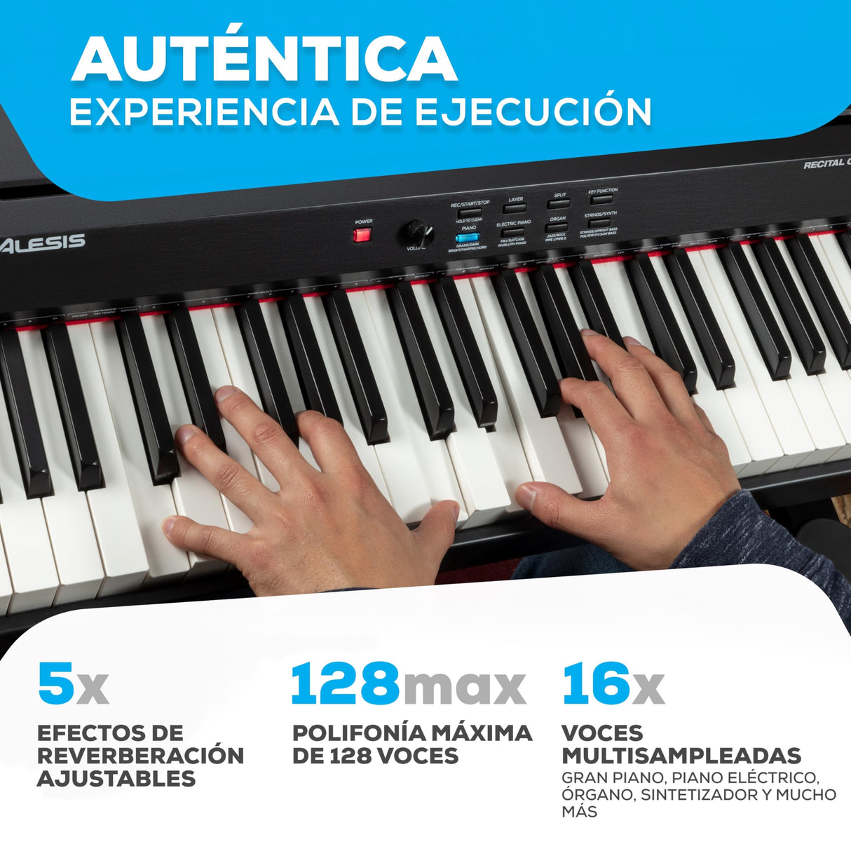 Alesis Recital Grand Piano Eléctrico 88 Teclas Contrapesadas de Acción Martillo con Altavoces, Lecciones de Piano, Metrónomo y 16 Kits de Sonidos