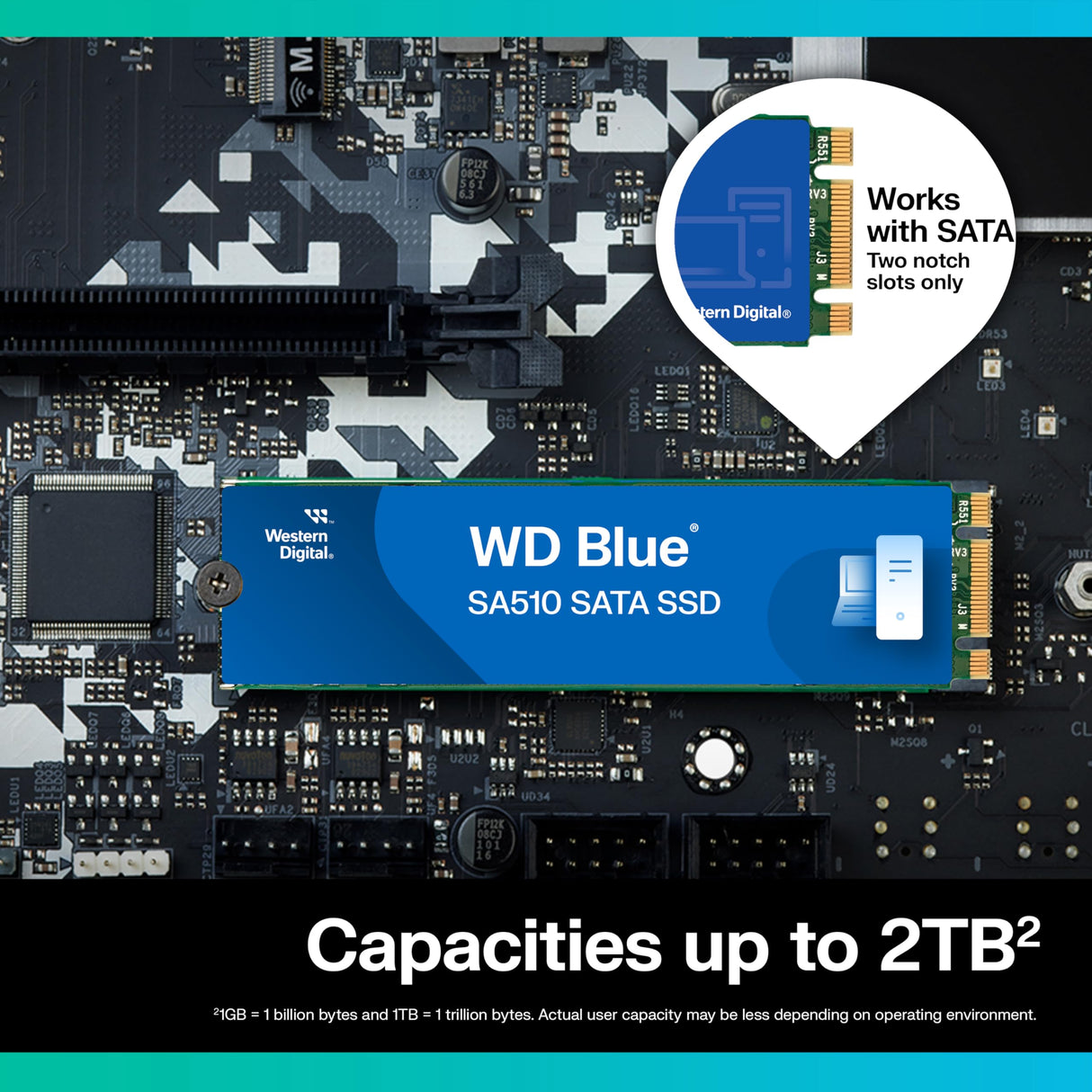 WD Blue SA510, 2 TB, M.2 SATA SSD, con hasta 560 MB/s, Acronis True Image for Western Digital, migración de discos y clonación, copia de seguridad y recuperación flexibles, ransomware