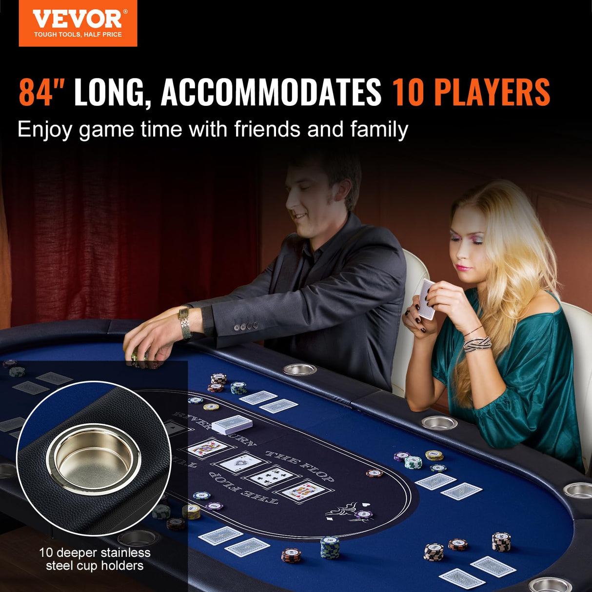 VEVOR Mesa de póquer Plegable de 214 cm para 10 Jugadores Mesa de Casino Texas Holdem Blackjack con rieles Acolchados y portavasos de acero Inoxidable Mesa de Juego de Cartas Juego de Mesa para hogar
