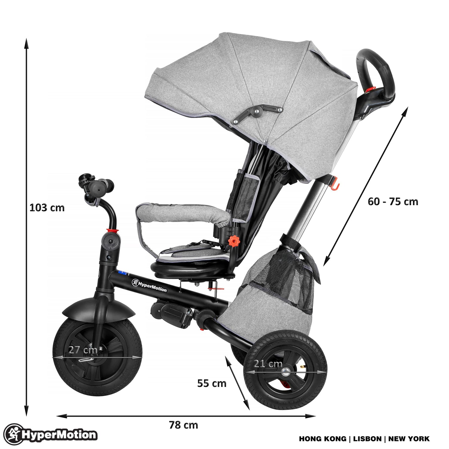 HyperMotion Triciclo Infantil 3 en 1 - Coche para Bebé con Asiento Giratorio y Cubierta de Lluvia - Triciclo Evolutivo 12 Meses a 5 Años, Plegable, Ruedas Bombeadas, 25kg, Gris
