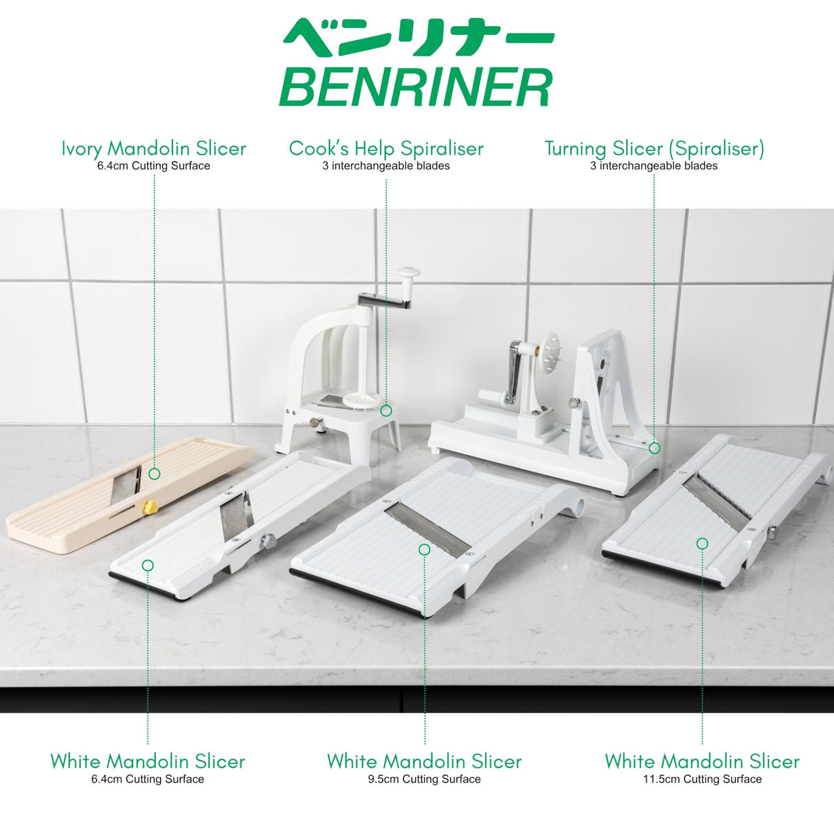 Benriner BN-64W-1 Mandolina Cortadora Para Verduras, Plástico ABS, 3 Cuchillas Intercambiables, Blanca, Clásica