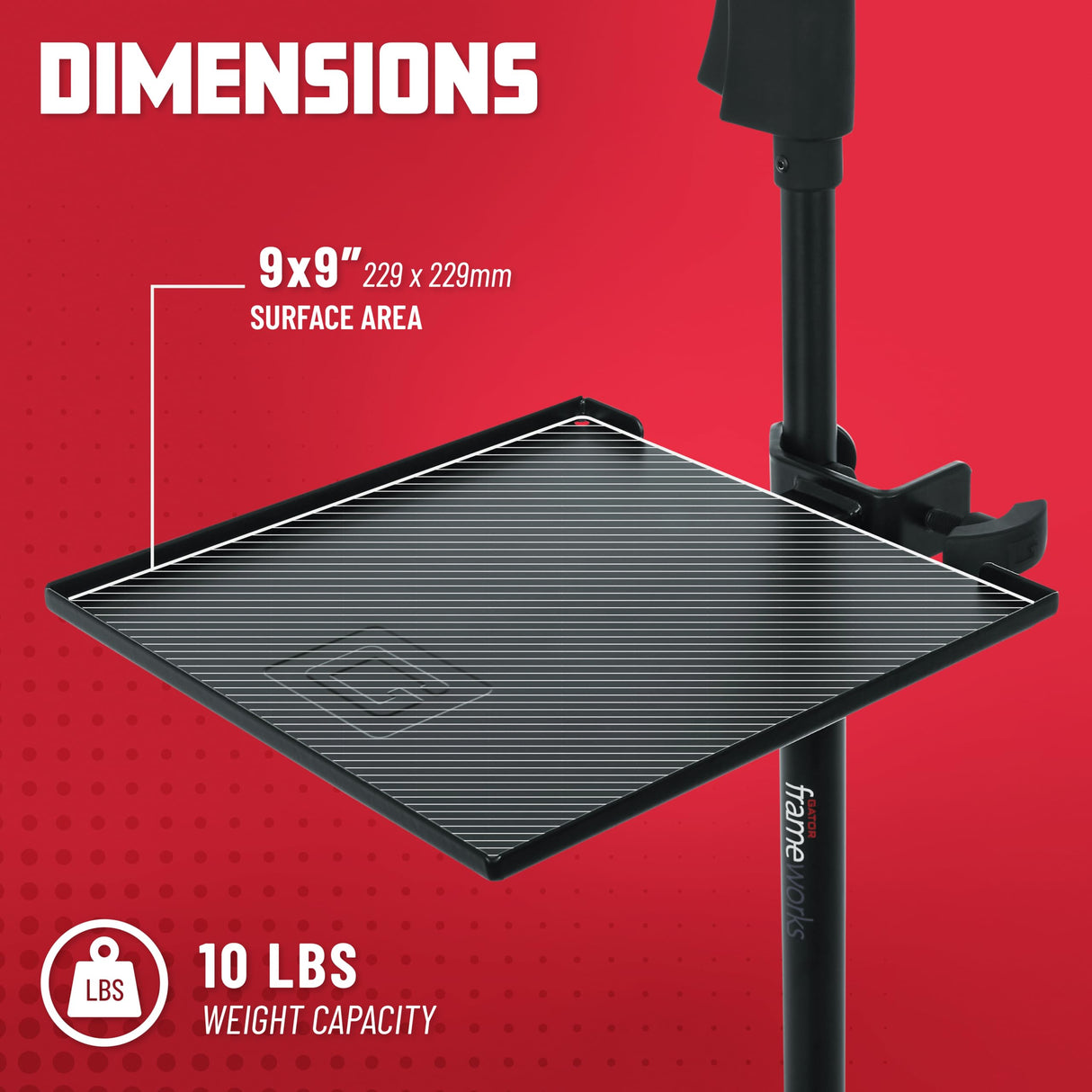 Gator Frameworks (GFW-SHELF0909) - Soporte de micrófono con abrazadera de 9 x 9 pulgadas, área de superficie con capacidad de peso de 10 libras