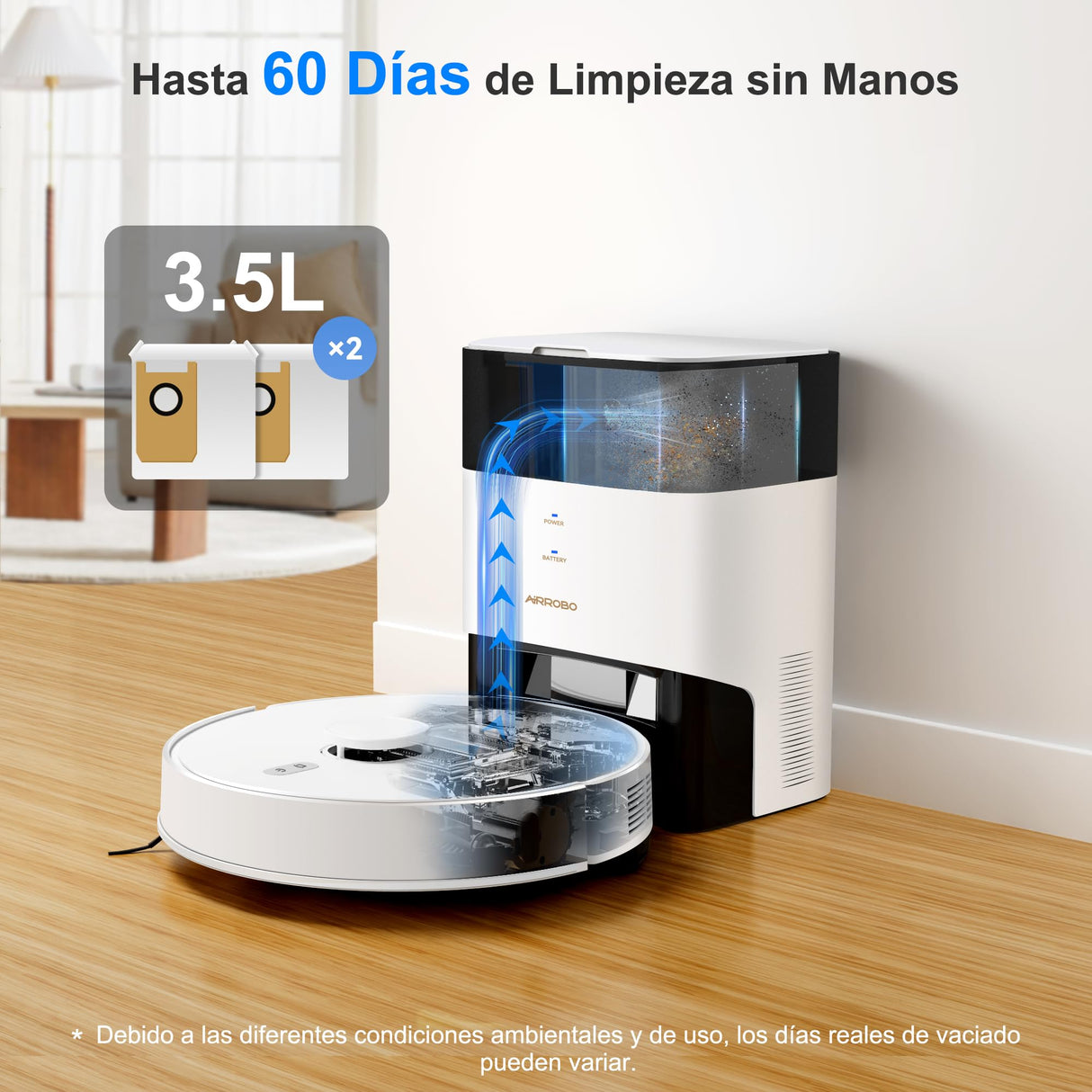 AIRROBO GT21 Robot Aspirador y Fregasuelos con Mopa: Robot-Aspirador Navegación láser | 3.5L Base de Autovaciado | Inteligencia Artificial | Evita Objetos | 180 min Autonomía | Control App/WiFi