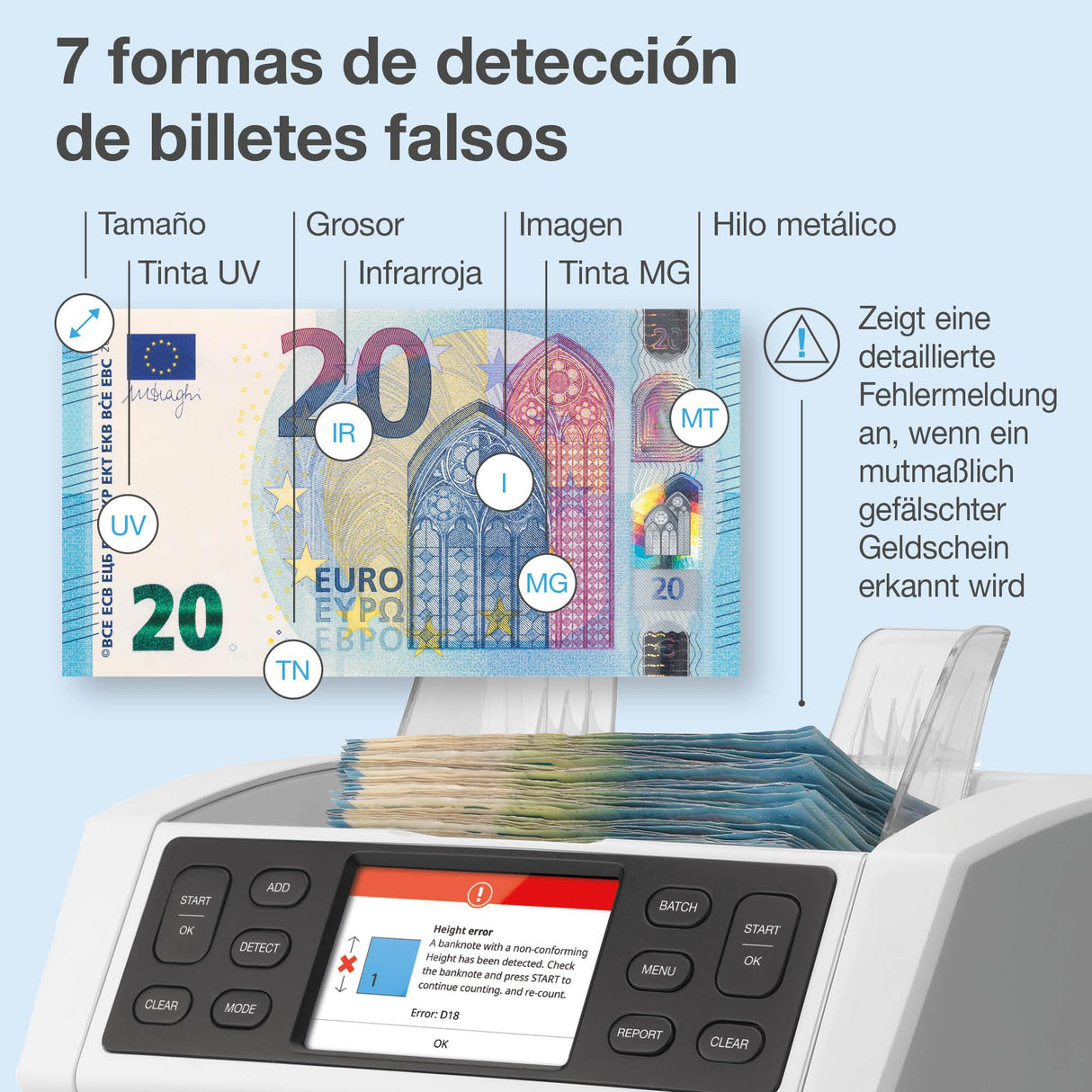 Safescan 2885-S Contadora de billetes, cuenta el valor de billetes mezclados incluyendo USD - Contadora detectora de billetes falsos en 7 puntos - Máquina para contar billetes con interfaz multilingüe