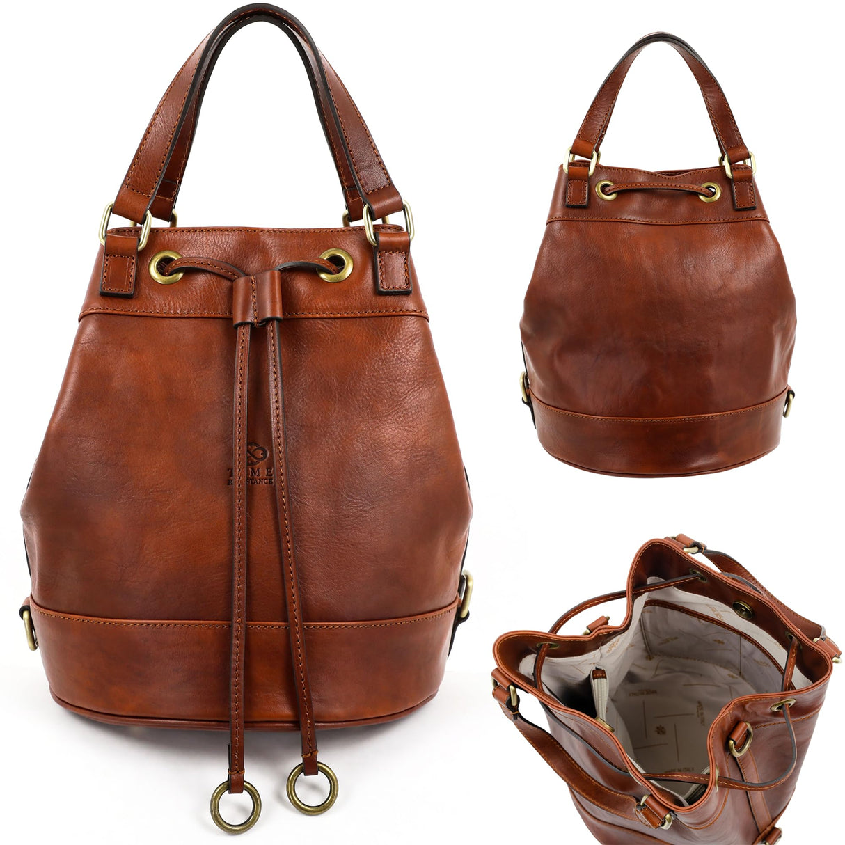 Time Resistance Bolso de Mano para Mujer de Cuero - Hecho a Mano en Italia con Cuero Auténtico de Vachetta - Bolso Ideal para Todos los Días o para Ocasiones Especiales, Coñac