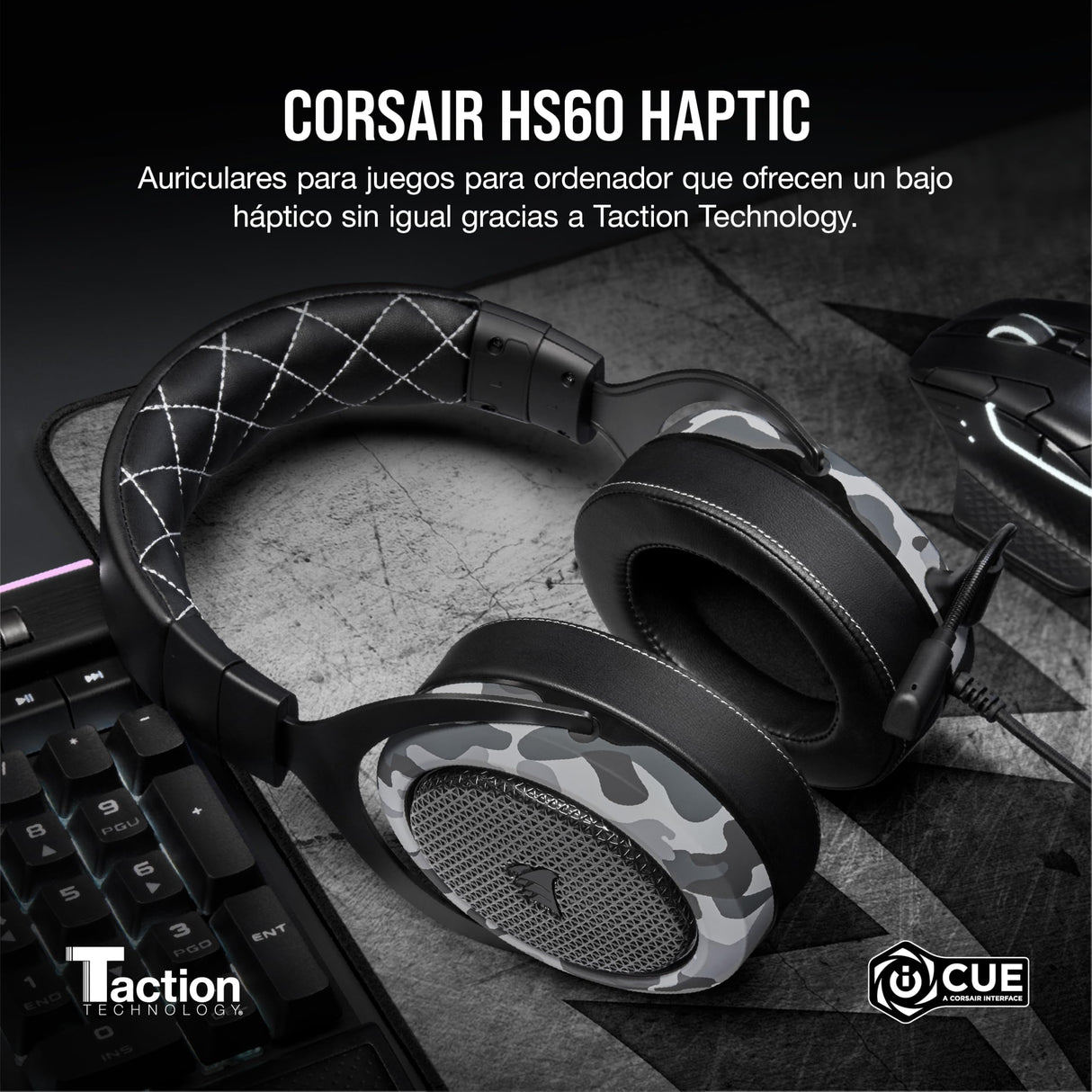 Corsair HS60 HAPTIC Auriculares Estéreo para Juegos con Efectos Hápticos en Los Bajos (Taction Technology, Almohadillas de Lujosa Espuma Viscoelástica, Micrófono Extraíble) Camo