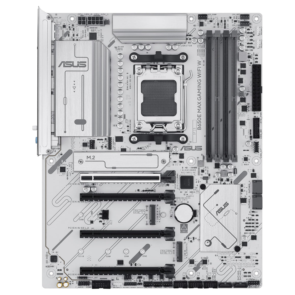 ASUS B650E MAX Gaming WiFi W - Placa Base AMD B650 ATX, Blanco, DDR5, PCIe 5.0, Ranuras M.2, Wi-Fi 6E, 2.5Gb Ethernet, DisplayPort, HDMI, USB Tipo-A y Tipo-C, BIOS Flashback, Aura Sync
