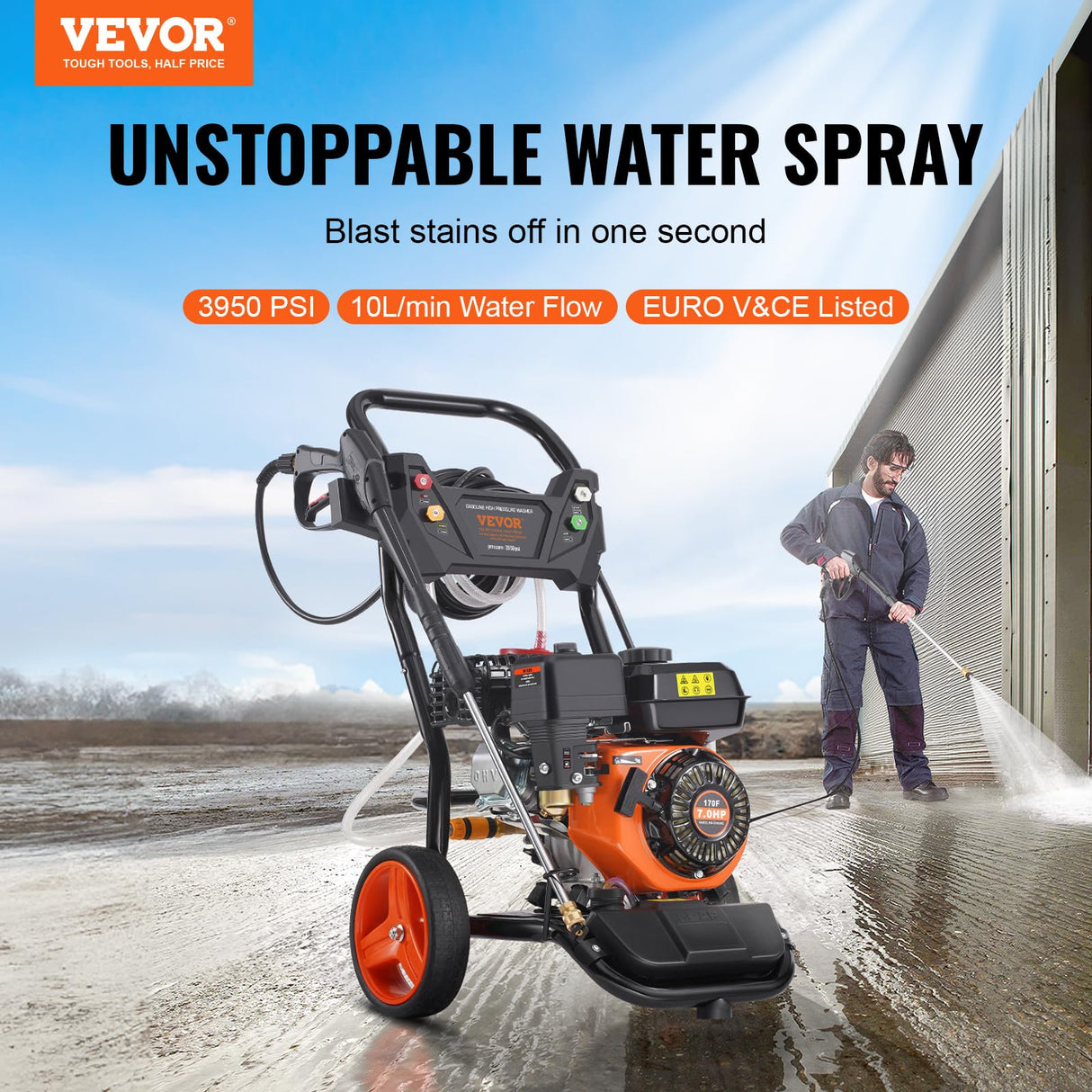 VEVOR Lavadora de Alta Presión a Gas Vertical 3950 PSI 2,6 GPM Limpiador de Alta Presión 10 L/min con Bomba de Cobre, Pistola Rociadora, Varilla de Extensión, 5 Boquillas para Casas, Vehículos