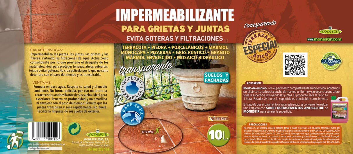 MONESTIR Impermeabilizante para Grietas y Juntas, Terrazas y Áticos, Suelo y Pared 10L