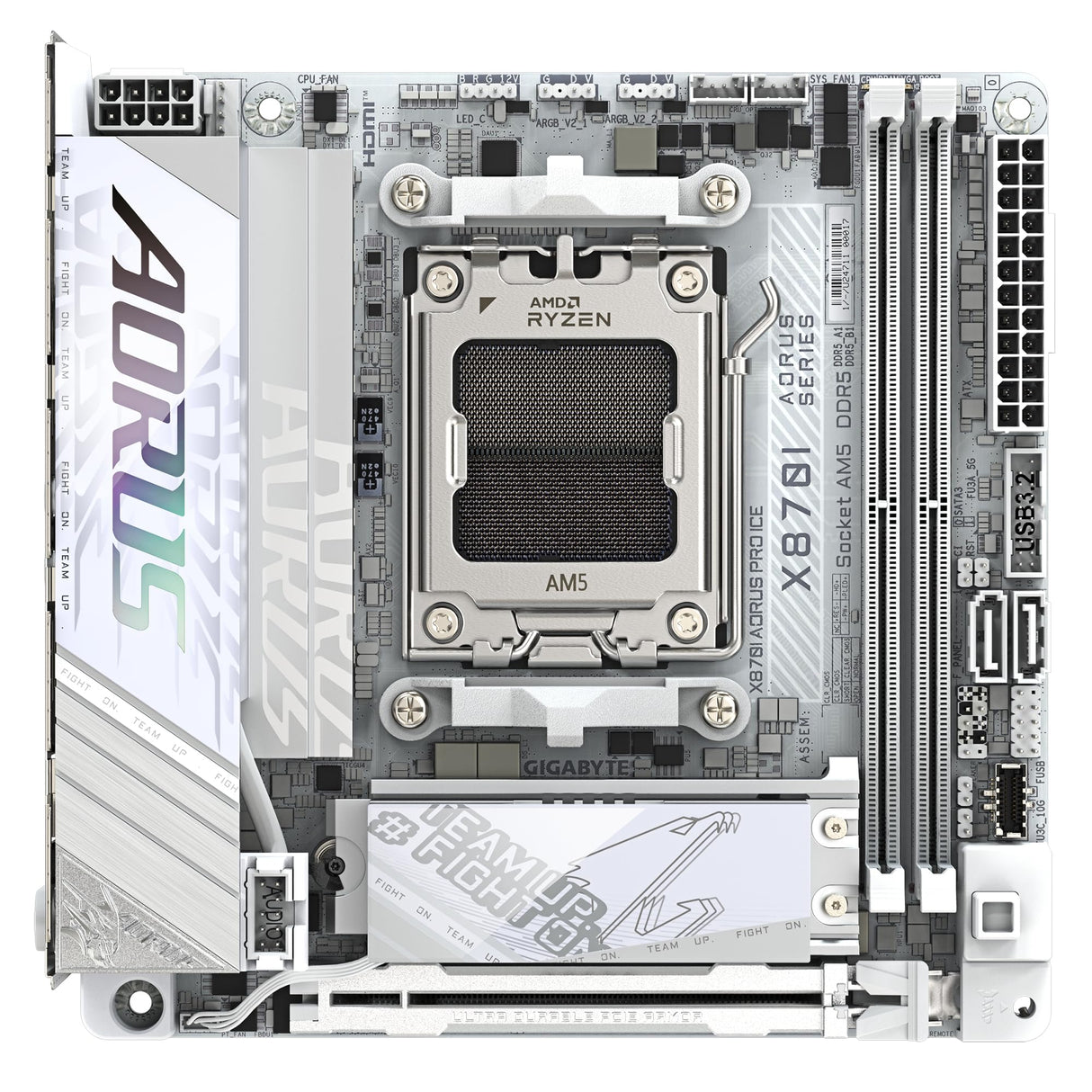 GIGABYTE X870I AORUS Pro Ice Placa Base - Compatible con procesadores AMD Ryzen Serie 9000, VRM de 8+2+1 Fases, hasta 8400 MHz DDR5 (OC), 1xPCIe 5.0 M.2 + 1xPCIe 4.0 M.2, WI-FI 7, LAN 2,5 GbE, USB 4