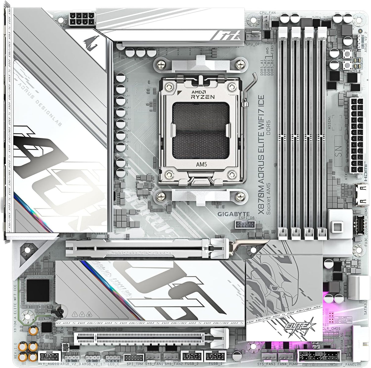 GIGABYTE X870M AORUS Elite WIFI7 Ice Placa Base – Compatible con CPUs AMD Ryzen 9000, VRM Digital de 14+2+2 Fases, hasta 8200 Hz DDR5 (O.C), 1× PCIe 5.0 + 1× PCIe 4.0, Wi-Fi 7, LAN 2.5 GbE, USB 4