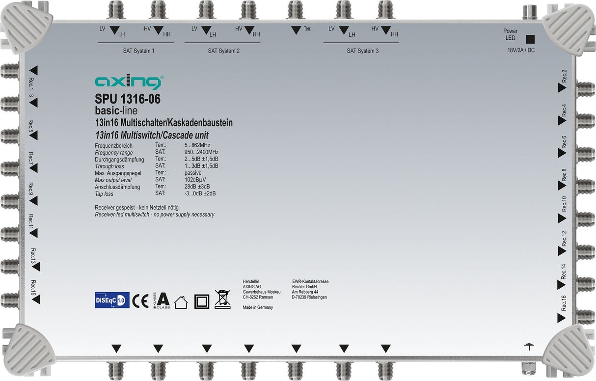 'AXING Multiconmutador 13 en "DiSEqC Multiswitch de Cascada Ampliable Sat Activo Gris Claro