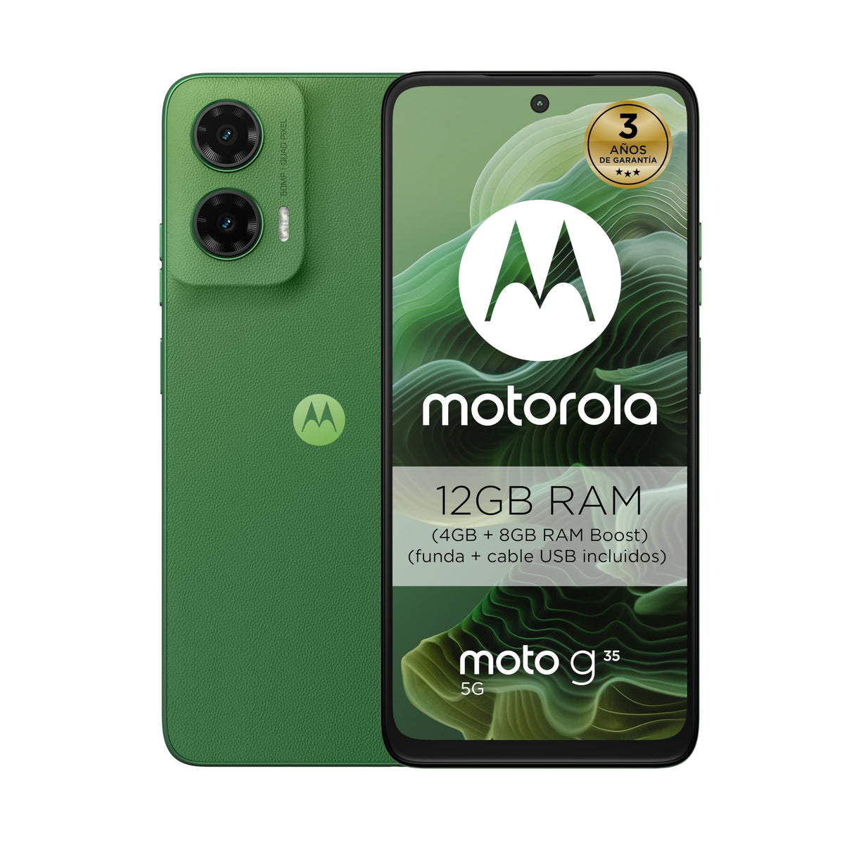 Motorola Moto g35 5G, 12GB (4GB+8GB RAM Boost)/128GB Verde, Pantalla FHD+ 6.72", cámara Dual de 50MP y Ultra Gran Angular, Selfie 16MB, batería 5000 mAh, Carga rápida de 18W