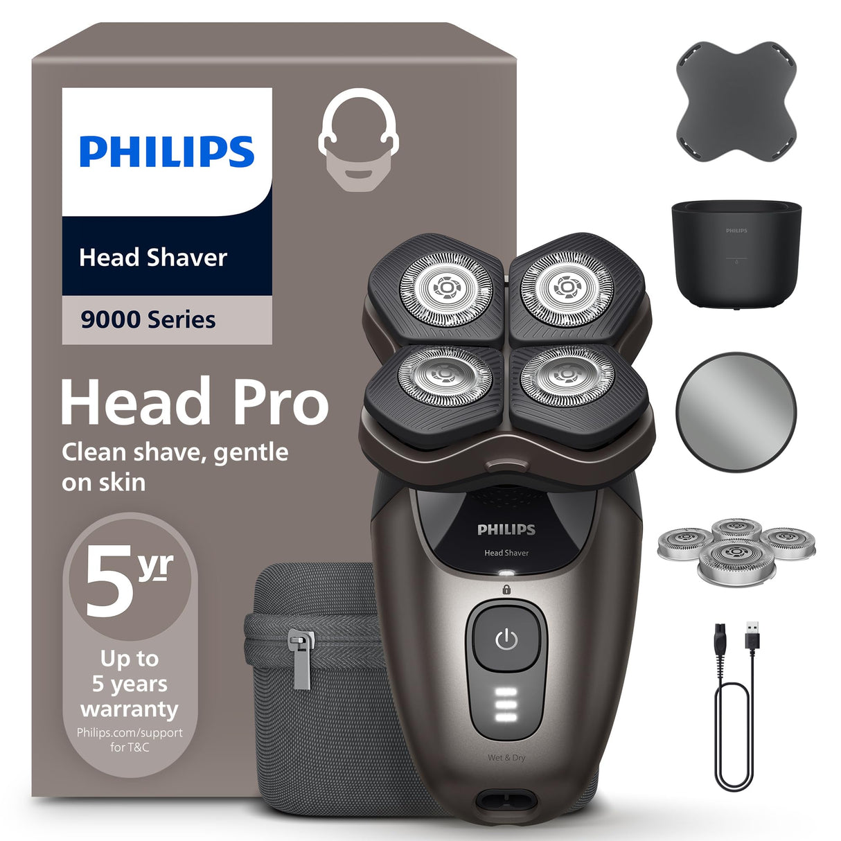 Afeitadora de cabeza Philips Serie 9000 Pro - Afeitadora de cabeza para hombres y mujeres, cabezal flexible 360°, cuchillas ComfortCut para un afeitado apurado y suave, modelo HS9980/15