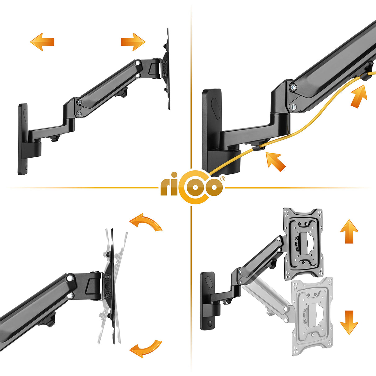 RICOO Soporte Monitor Pared Giratorio Inclinable Pantalla PC 23-43" (58-109cm) S4422 Brazo articulado Televisor LED LCD VESA 75x75-200x200