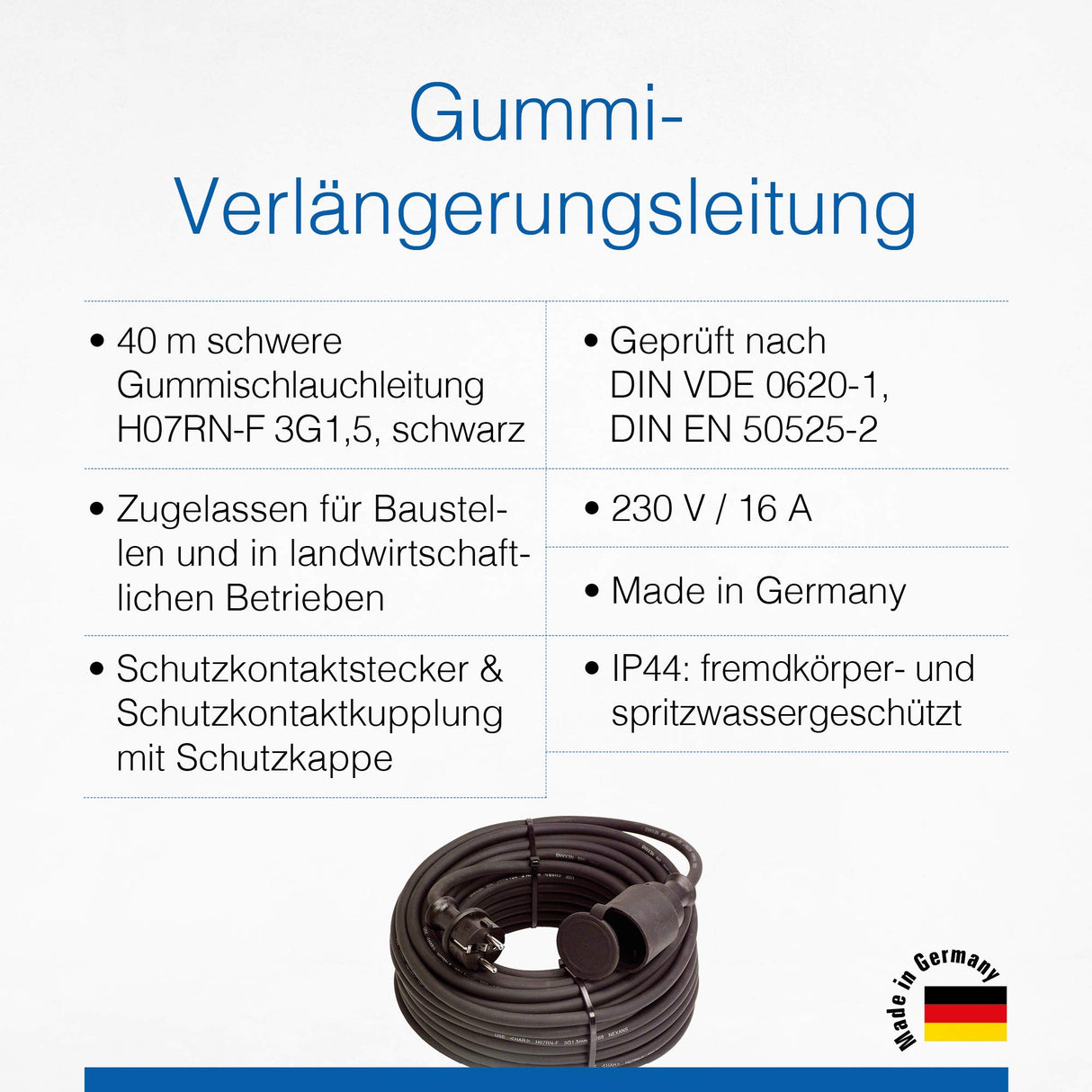 as - Schwabe alargador de Cables 40 m H07RN-F 3G1,5 - Cable de extensión 230 V / 16 A / 3.500 W - con Tapa de protección - Resistente al Polvo y a Las Salpicaduras IP44 - Negro, 60375