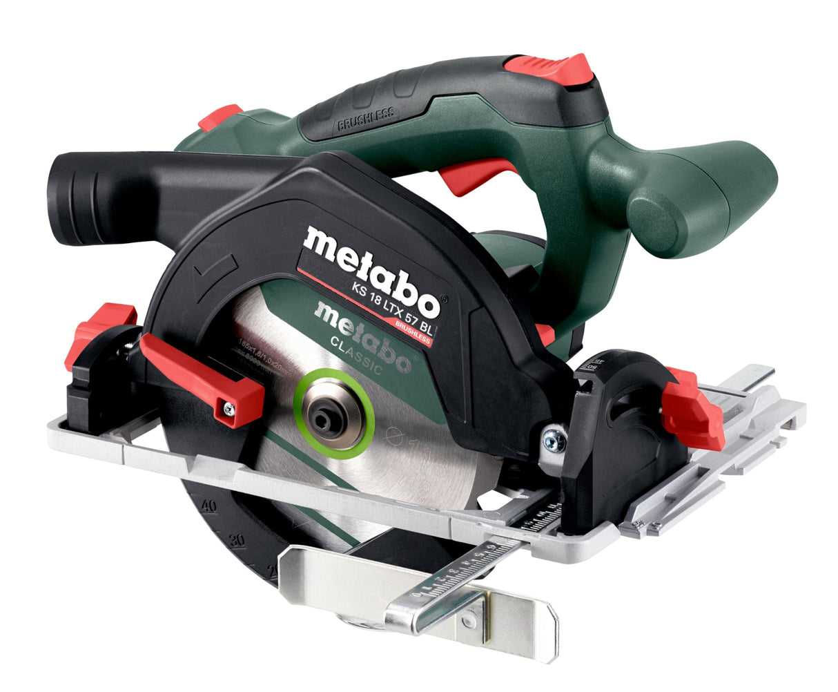 Metabo KS 18 LTX 57 BL 611857840 - Sierra circular con batería (sin batería, motor sin escobillas, freno de fuga, con MetaBox 340, velocidad de ralentí 5000 /min)
