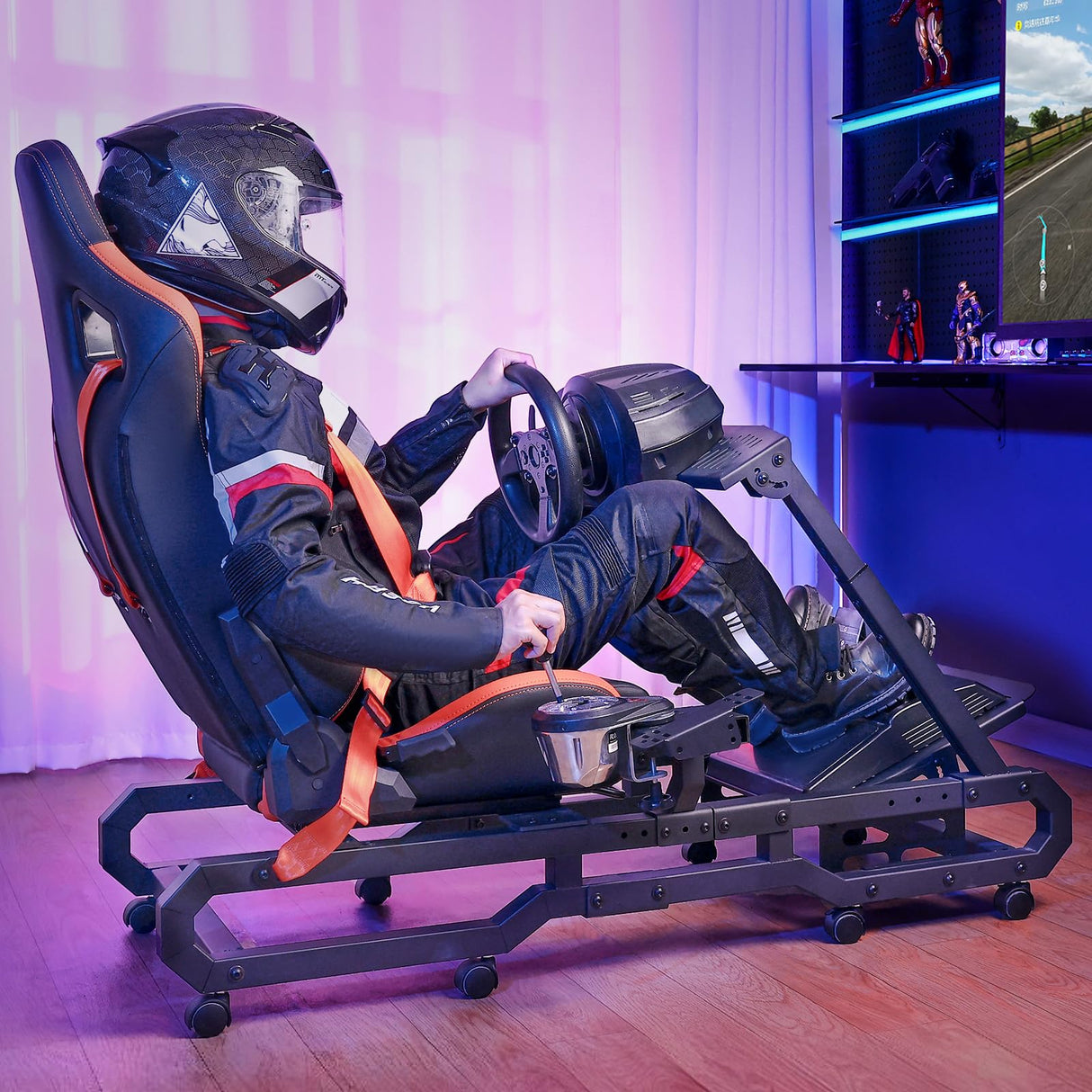 VEVOR Soporte para Volante de Carreras con Ruedas para Logitech G923/G920/G29, Cabina de Simulador de Conducción de Acero Resistente, Pedal Ajustables, Carga Máxima de 150 kg, 1480 x 790 x 1160 mm