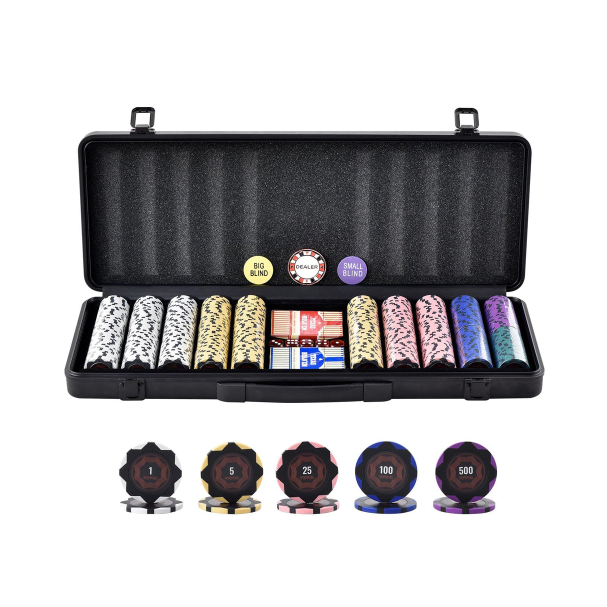 VEVOR Estuche de Póquer 500 Fichas de Póker de Clay y ABS 14g 40x3,3mm con 2 Barajas de Cartas Texas Holdem 1 Botón de Distribuidor y 2 Botones Ciegos para Juegos de Apuestas Blackjack Casino en Casa