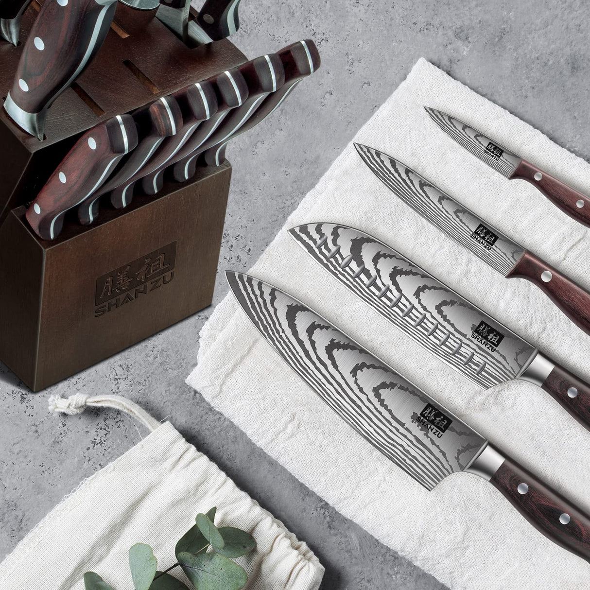 SHAN ZU Juego de Cuchillos Cocina, 16 Piezas Set Cuchillos Cocina Profesional de Acero Inoxidable de Alto Carbono, Juego de Cuchillos con Bloque de Madera, Afilador, Cuchillo de Chef, Santoku, Tijeras