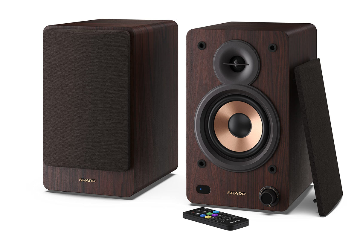 Sharp CP-SS30(BR) Pareja Altavoces estantería Activos 2vías, 60W RMS (2x30W) Carcasa Madera, Bluetooth v5.0, USB, óptica, Auxiliar, RCA, Ajuste Graves y Agudos, Rejilla extraíble, Mando a Distancia.