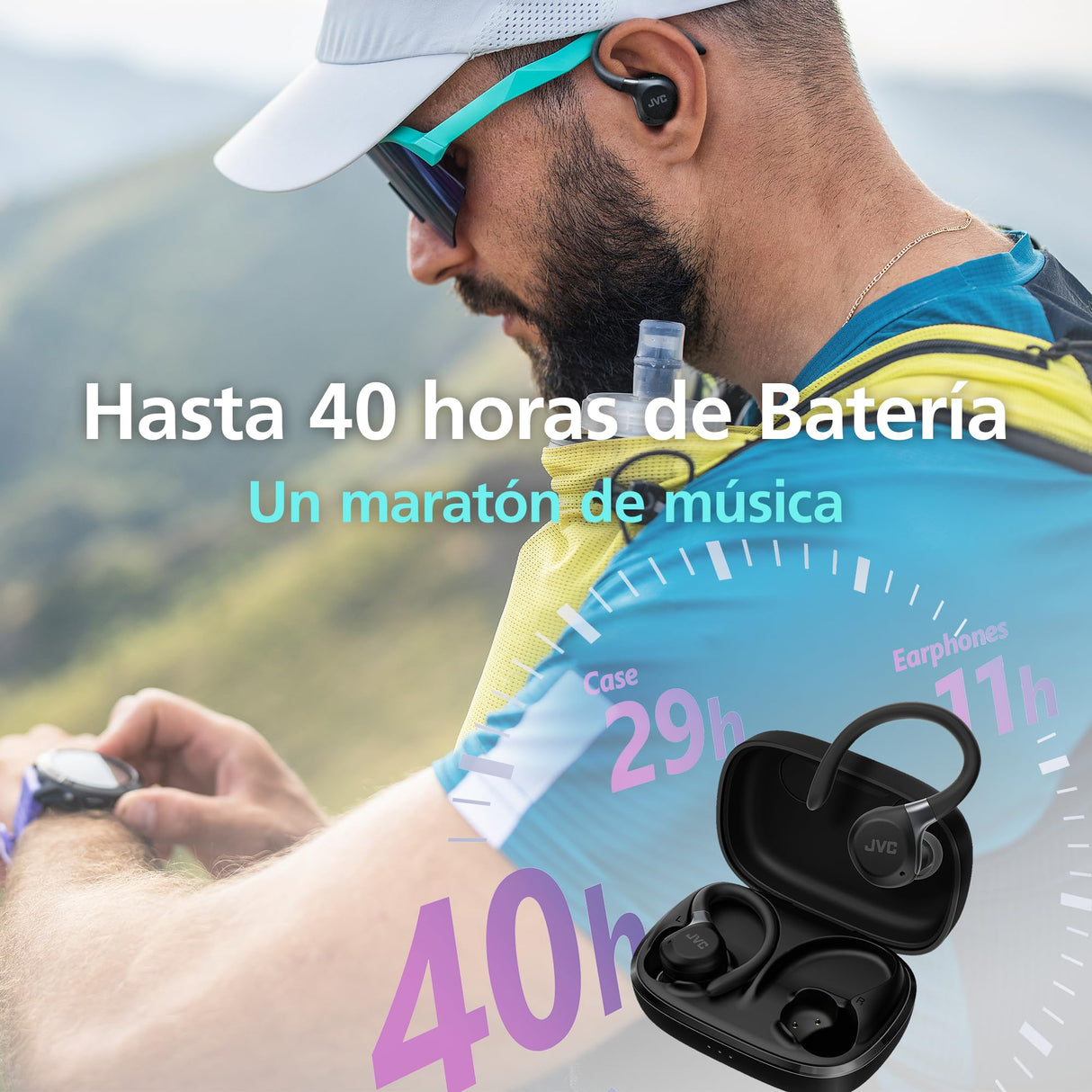 JVC Auriculares Inalámbricos Deportivos HA-EC75T, Ganchos Ajustables, 40h Batería, Cancelación de Ruido + Modo Ambiente, Resistencia IP57, Baja Latencia, Micrófono – Negro