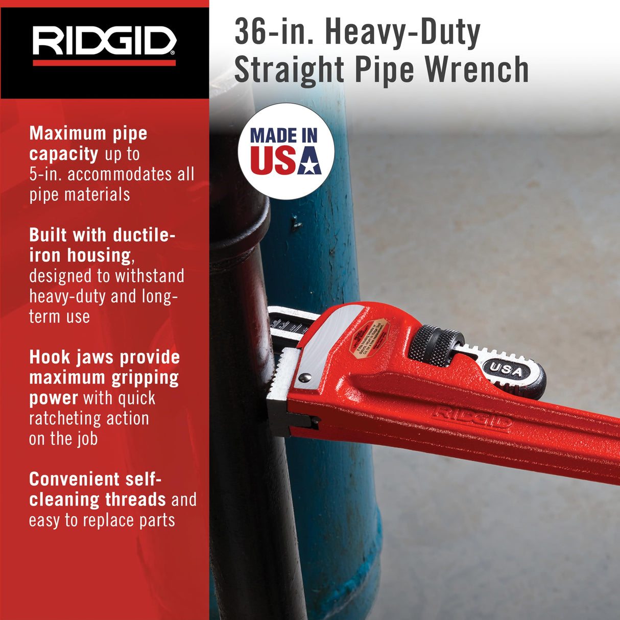 RIDGID 31035 Llave de tubo recta para servicio pesado de 36 pulgadas, Llave de fontanería de 36 pulgadas