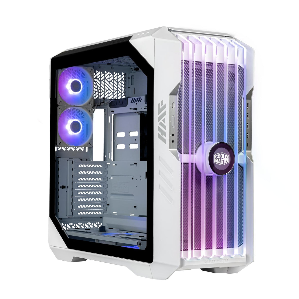 Cooler Master HAF 700 EVO White Caja PC – Full-Tower, Admite E-ATX, 5 Fans, Soportes de Radiador Giratorios, Refrigeración High-Airflow, Pantalla LCD Real-Time, Aspas ARGB Edge-Lit, Panel Lateral TG