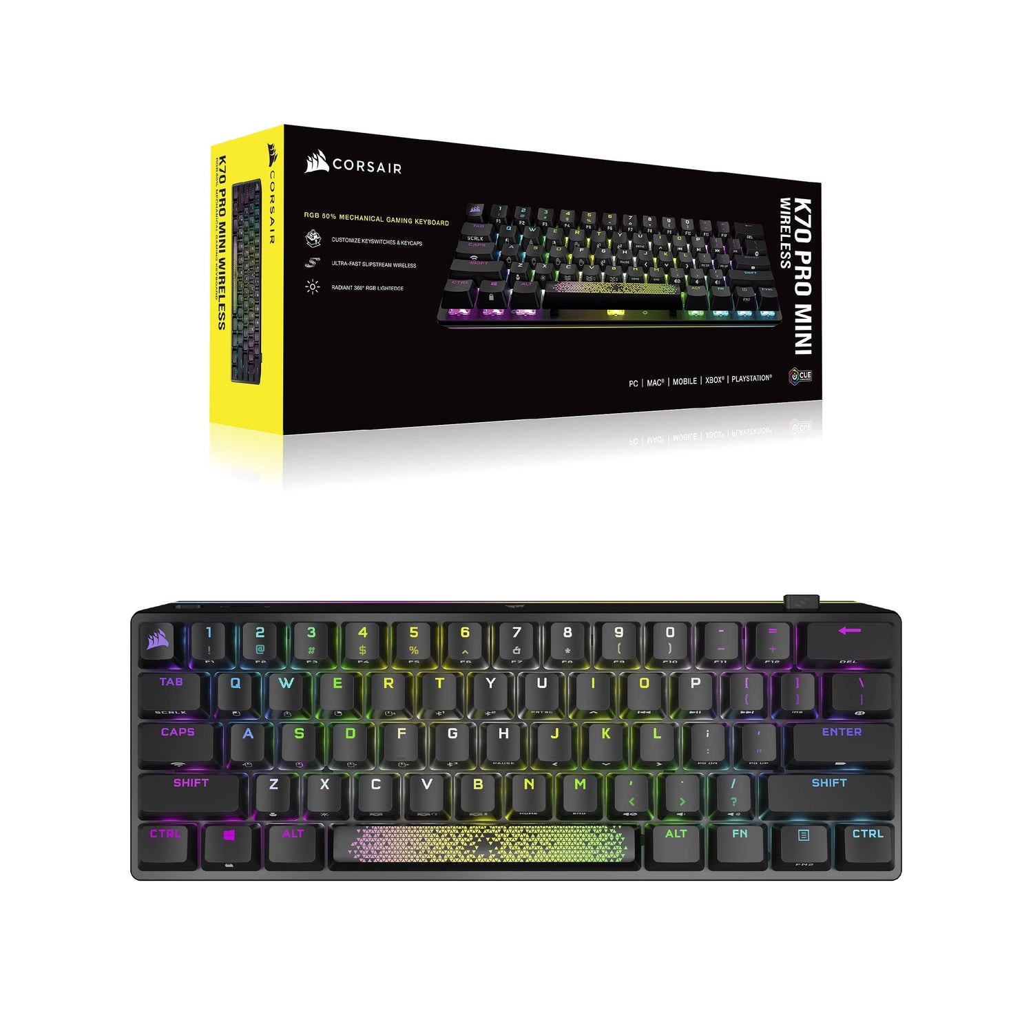 Corsair K70 PRO MINI WIRELESS RGB 60% Teclado Mecánico para Juegos - Interruptores CHERRY MX RED Intercambiables - PBT Double-Shot - Compatible con iCUE - PC, Mac, PS5, PS4, Xbox - QWERTY ES - Negro