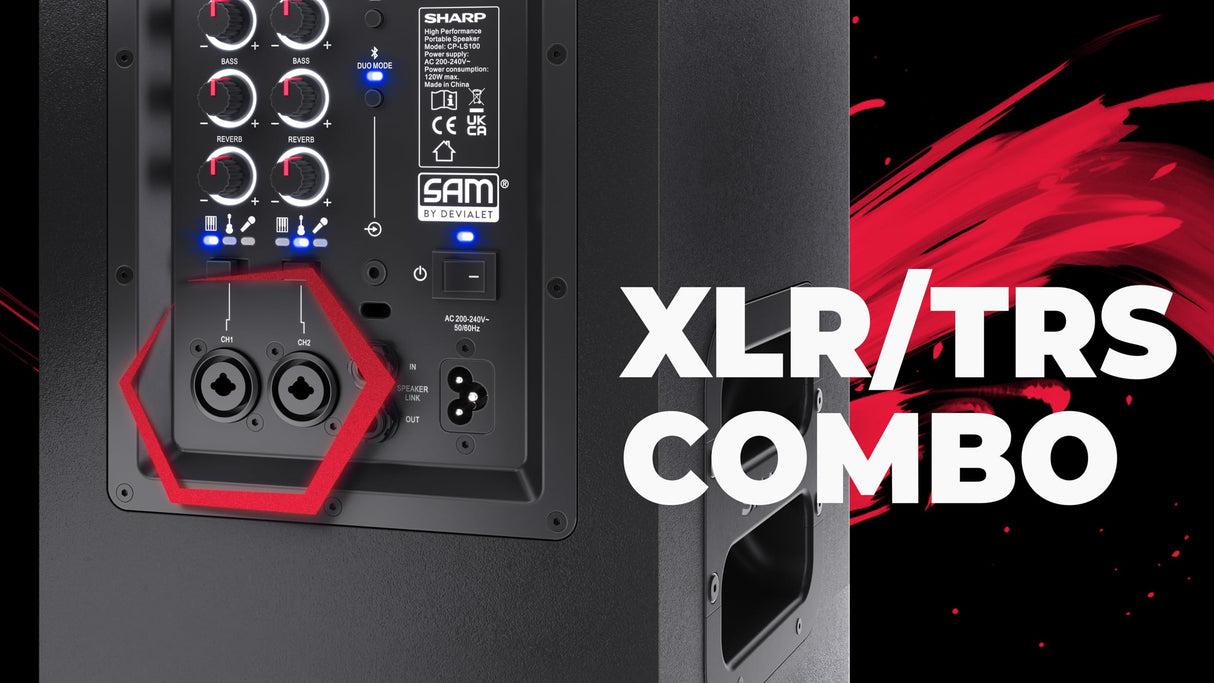 Sharp CP-LS100 Altavoz portatil de Alto Rendimiento, 120W RMS, 105dB, Carcasa de Madera, bateria Litio Intercambiable, 10 Horas (hasta), Bluetooth, Panel de 3 Canales TRS/XLR (x2), Aux/Bluetooth