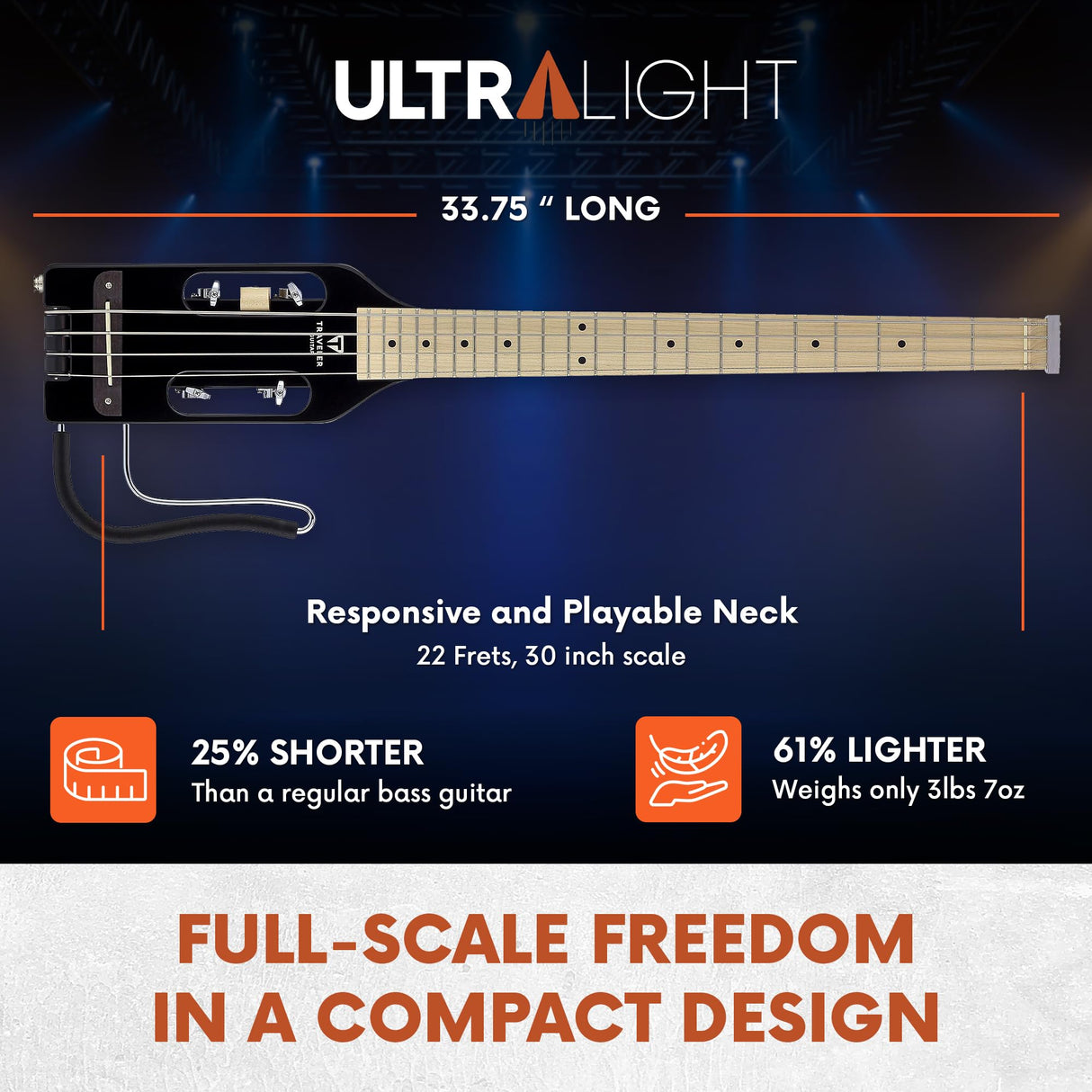 Traveler Guitar Bajo ultraligero, negro brillante (ULB BKGMP)