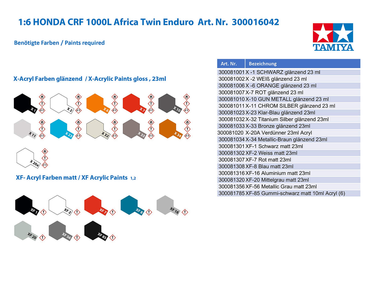 Tamiya 1:6 Honda CRF 1000L Africa Twin Enduro-modelkit, plástico, Kit para Montar, réplica Detallada, sin Pintar, Color Multi-colord (16042)