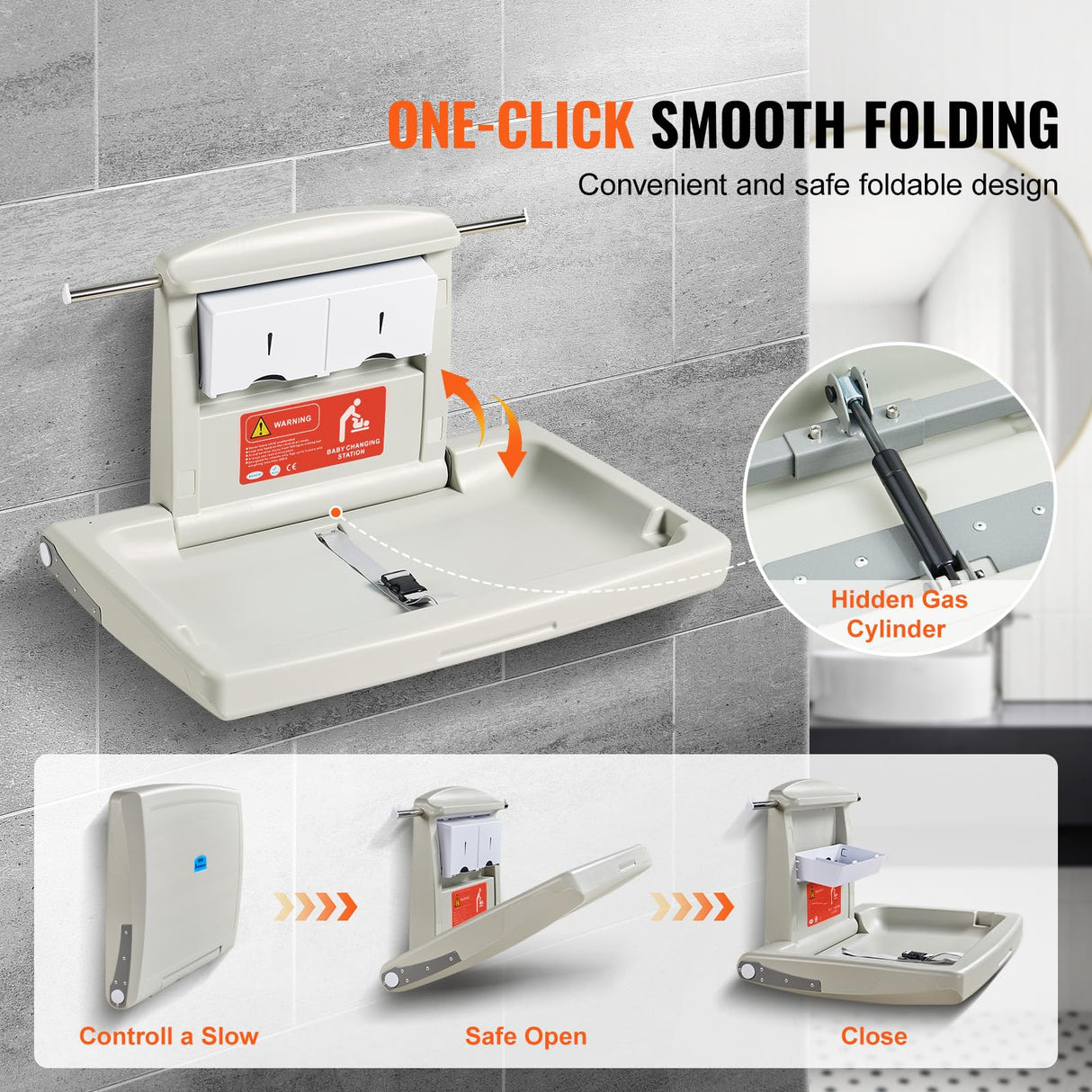 Cambiador de Pared Plegable de Plástico HDPE Mueble Cambiador Carga Máxima de 20 kg con Correa de Seguridad Plegado Rápido con Un Solo Toque Instalación Fácil para Bebé, 86x56,5x50 cm
