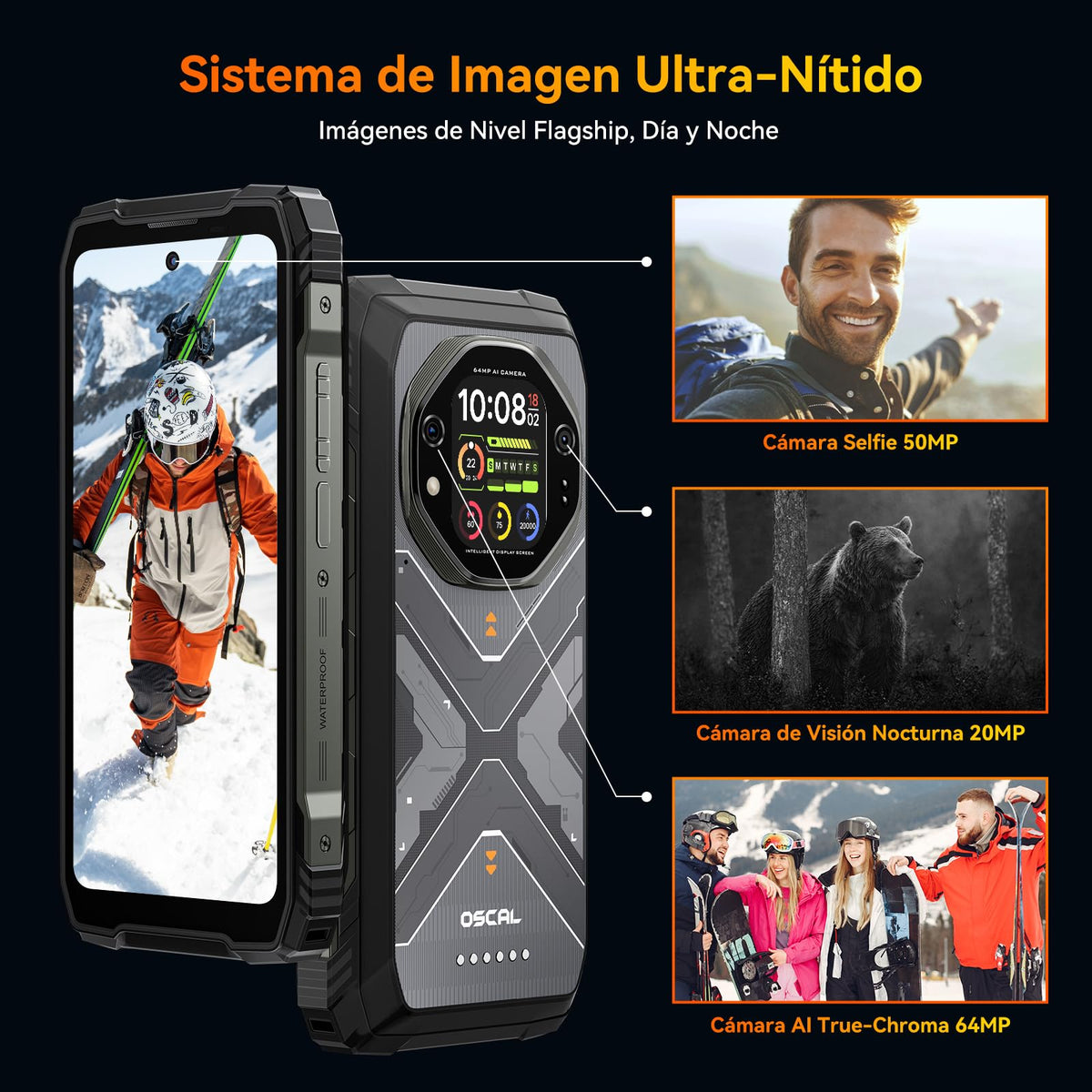 OSCAL Tank 1 Movil Resistente 5G, 48GB+512GB, 20000mAh 55W, Cámara 64MP+50MP+20MP Visión Nocturna, 6.78" FHD+120Hz & 2,01" Pantalla Sec., Dimensity 7050 Movil Irrompible Android 15, IP69K/NFC/OTG