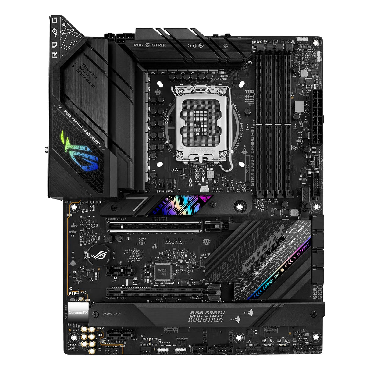 ASUS ROG Strix B760-F Gaming WiFi Placa Base Intel B760 (LGA 1700 ATX, 16+1 DrMOS, DDR5 hasta 7800 MT/s, PCIe 5.0, Tres Ranuras M.2, WiFi 6E, USB 3.2 Gen 2x2 Type-C y Aura Sync RGB), Negro