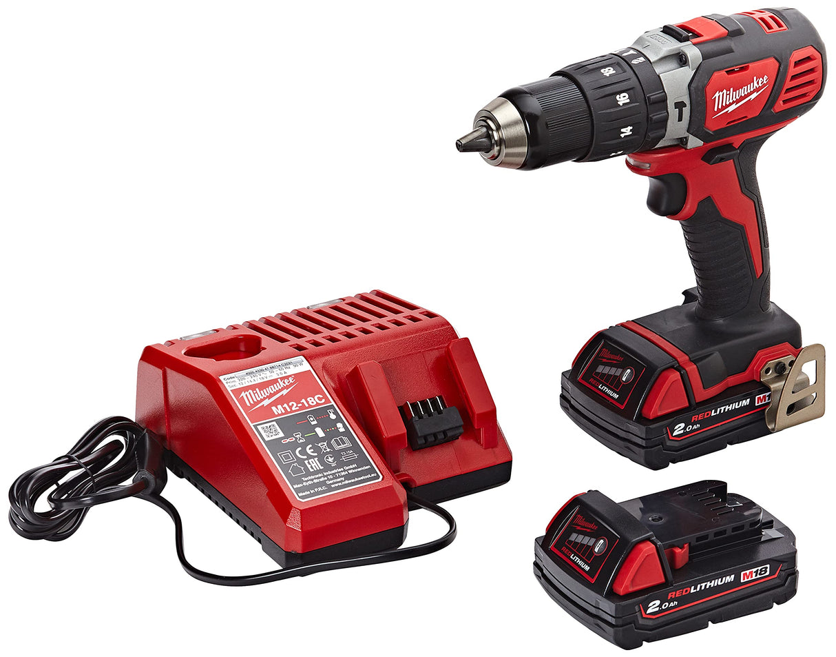 Milwaukee 4933443515 - M 18 bpd-202c taladro percutor 18v 2,0 ah litio 2 vel. 50 nm, Rojo y Negro