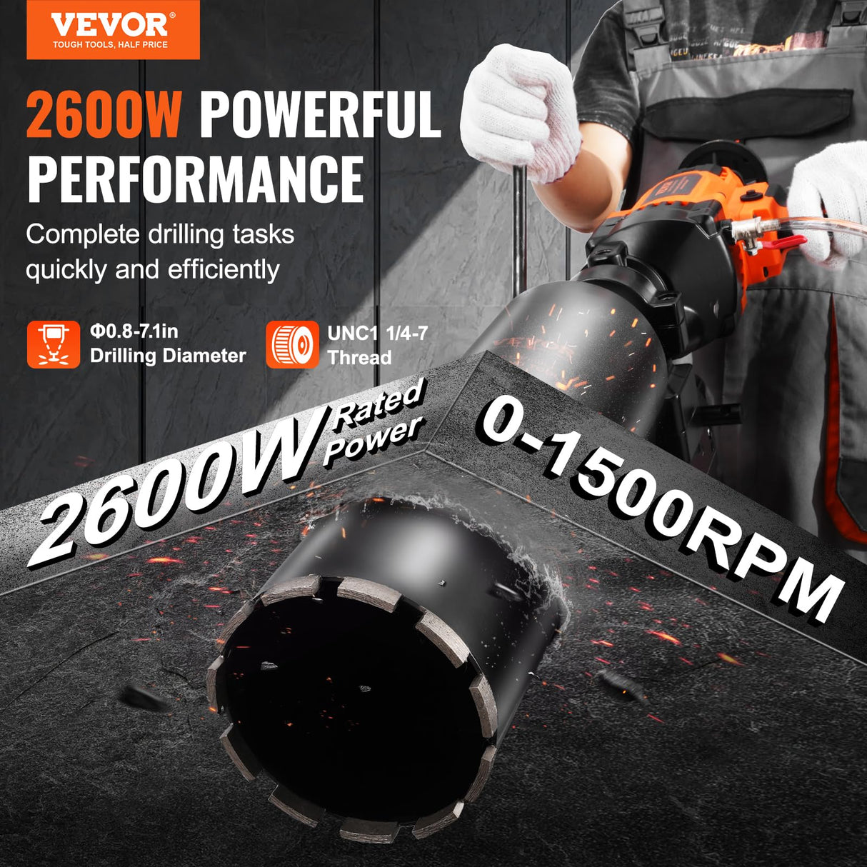 VEVOR Taladro de núcleo Portátil de 20-180 mm de Diámetro de Perforación con Soporte y Broca de Núcleo, Taladro de Núcleo de Hormigón de 2600 W, Uso Húmedo y Seco para Hormigón, Ladrillo, Mármol