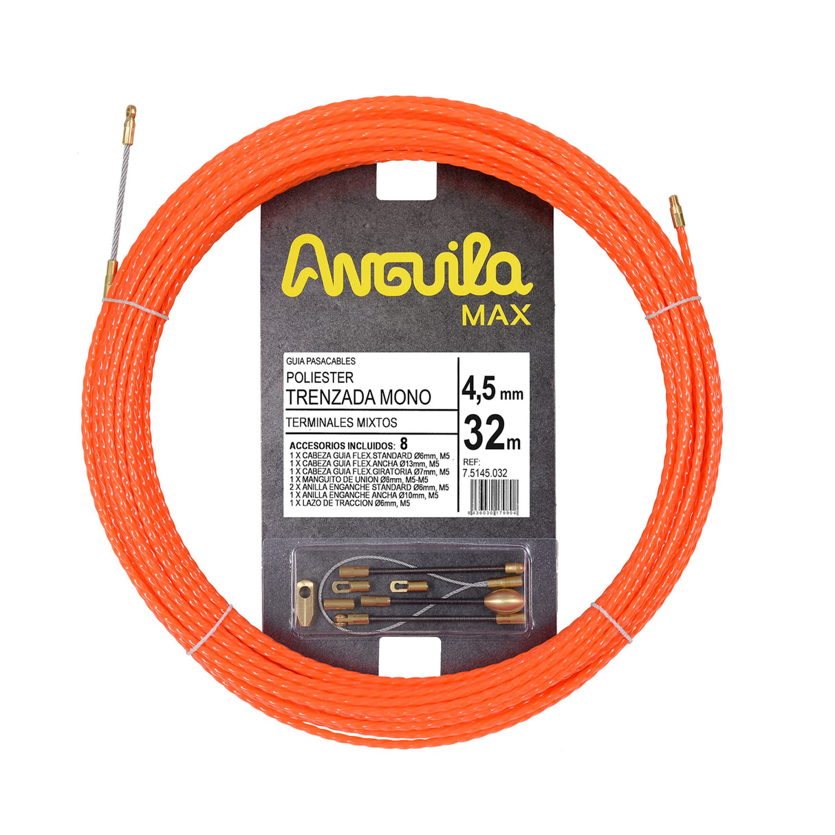 Anguila Max 7.5145.032 Guía pasacables Especial Rectas Poliéster Trenzada Monofilamento 4,5mm 32 Metros y terminales Mixtos, Naranja