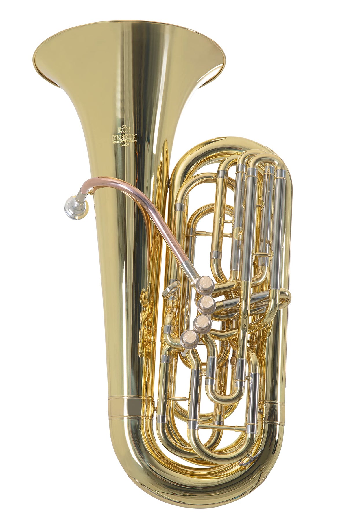 Roy Benson BBb-Tuba TB-312B (tuba premium con diámetro variable, tubo de ataque de latón dorado, 4 válvulas de acción frontal, diseño moderno, sonido profesional y comodidad de transporte en uno)