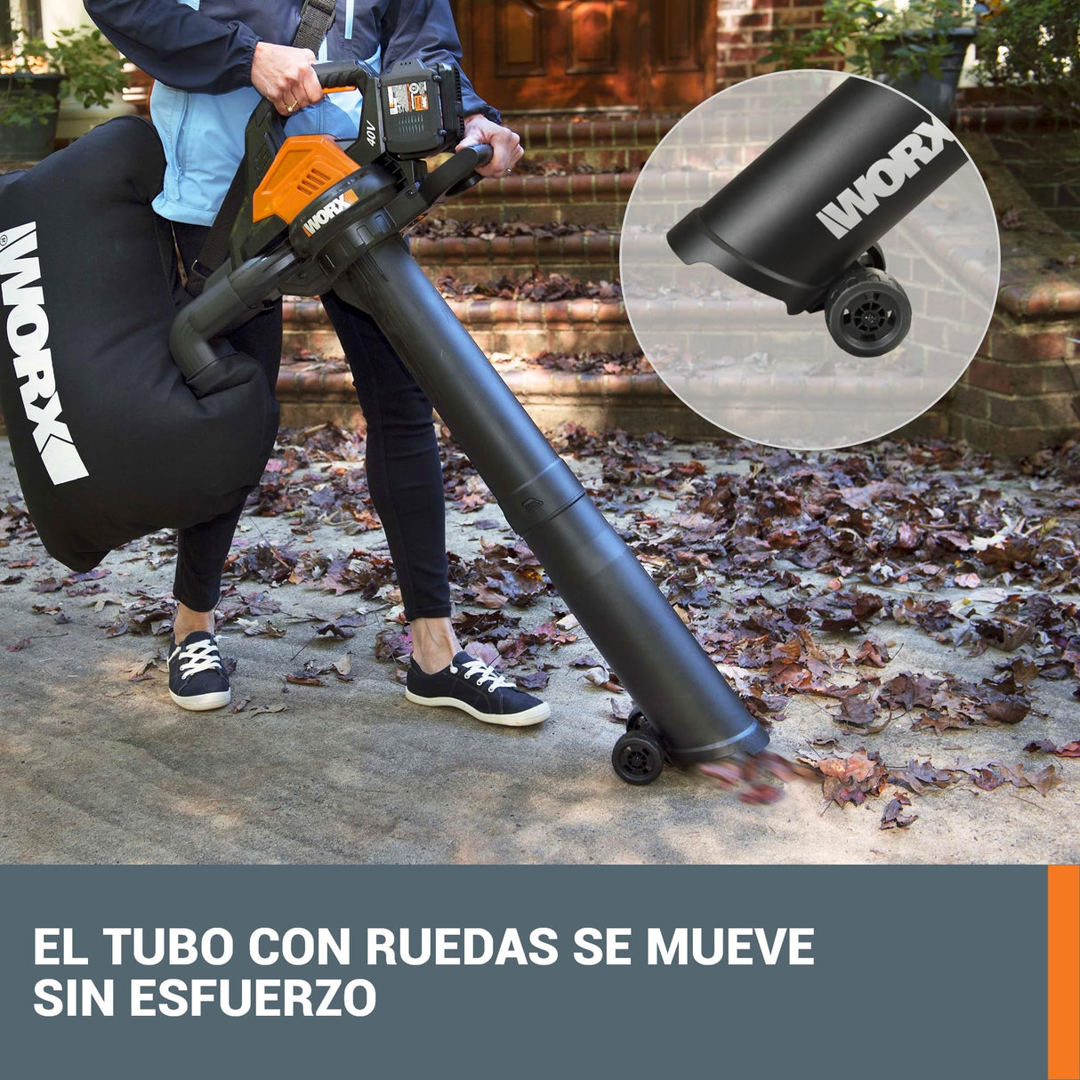 WORX Aspirador de Hojas 40V Máx. 2x20V | WG583E.9 | PowerShare | Sin batería ni Cargador |2 en 1 Recoger y aspirar – Bolsa de 35 L | Incluye Toberas | Ligero