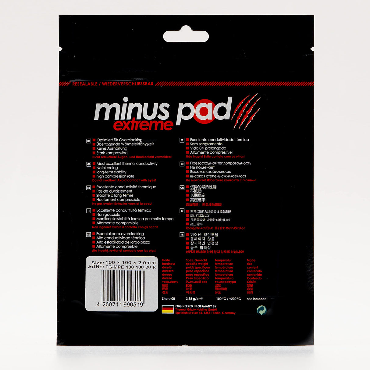 Thermal Grizzly Minus Pad Extreme Thermal Pad - Almohadillas conductoras térmicas de silicona - Conduce el calor y enfría la consola de calefacción o los componentes del ordenador (100 × 100 × 3 mm)