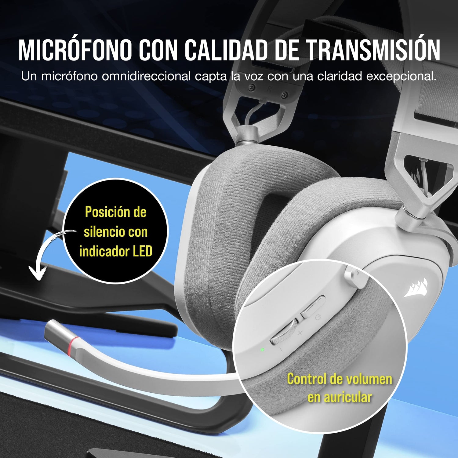 Corsair HS80 RGB WIRELESS Auriculares Inalámbricos para Juegos Multiplataforma RGB - Dolby Atmos - Micrófono Omnidireccional - Compatible con iCUE - PC, Mac, PS5, PS4 - Blanco